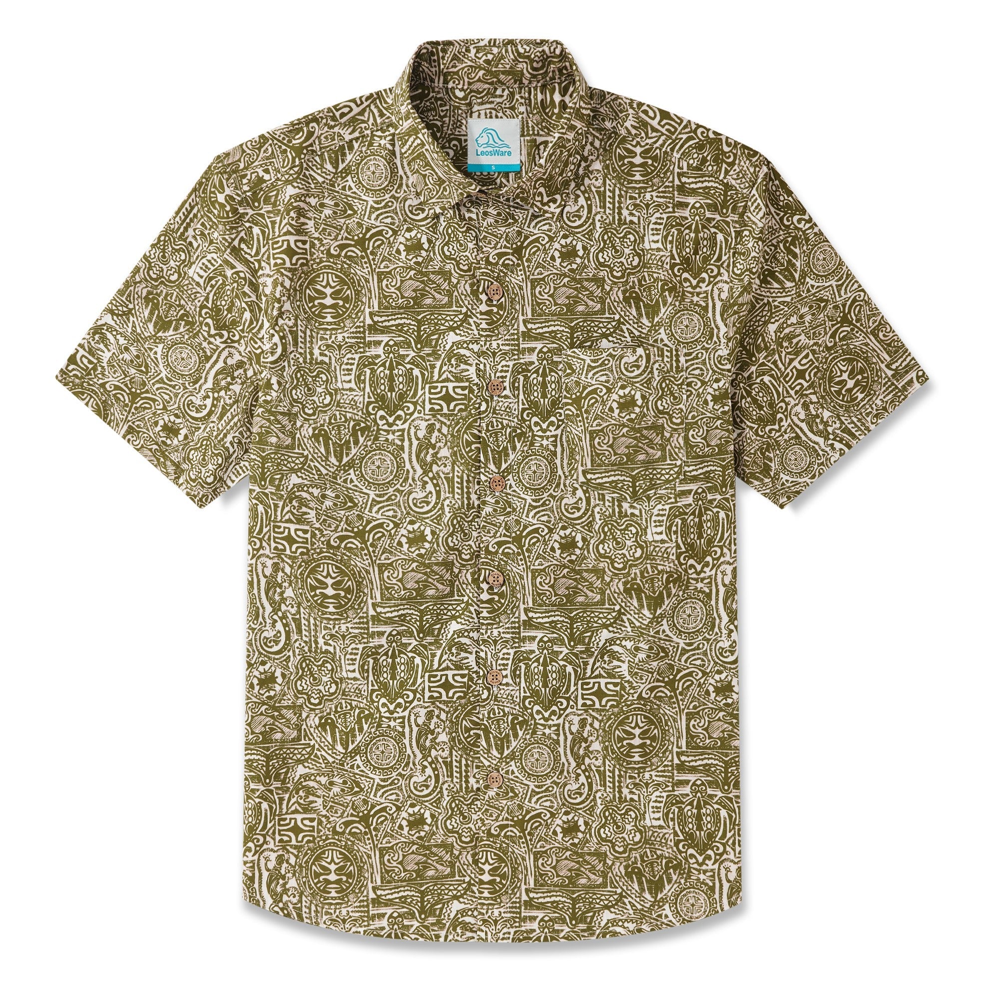 LeosWare® Men's Hawaiian Shirt Short Sleeve Button-up 100% Cotton Yellow Aloha Exotic Tribal Art Patterns By Ethan