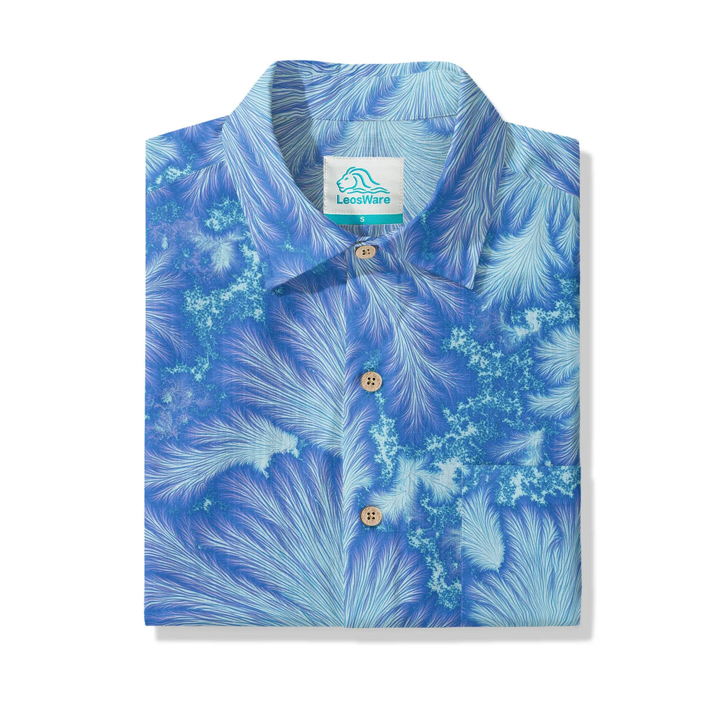 LeosWare® Men's Hawaiian Shirt Short Sleeve Button-up 100% Cotton Blue Aloha Ice Blue Feather Flame By Ann