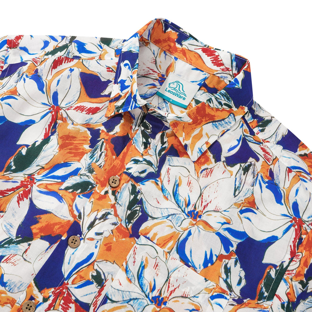 LeosWare® Men's Hawaiian Shirt Short Sleeve Button-up 100% Cotton Blue Aloha Blue Tropical Floral Illustration By Ethan