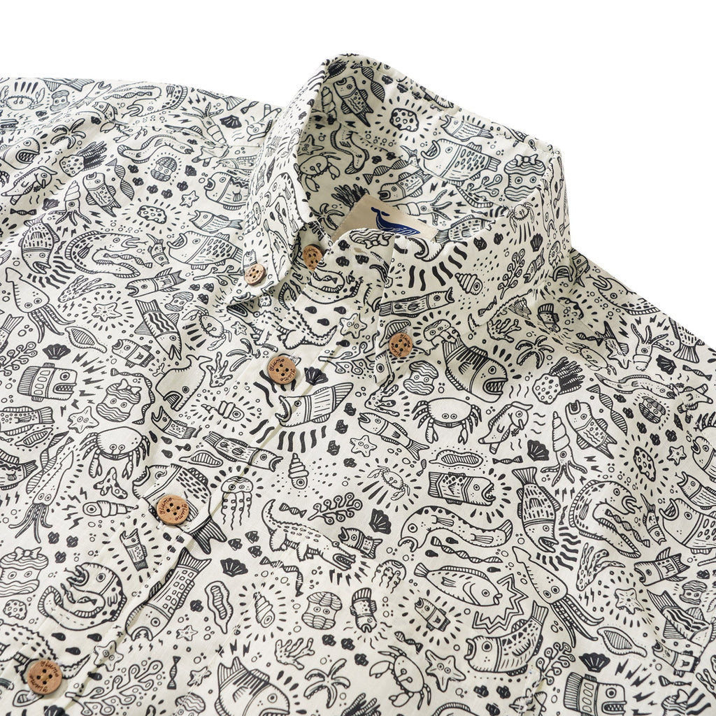 Men's Hawaiian Shirt Short Sleeve Button-down 100% Cotton Beige Aloha Undersea Party By Erwin Ong