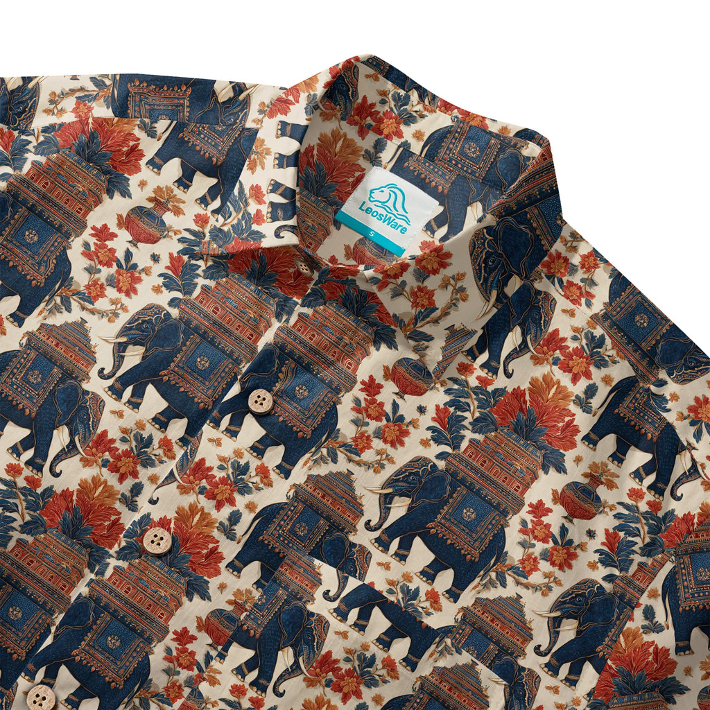 Elephant LeosWare® Men's Hawaiian Shirt Short Sleeve Button-up 100% Cotton Beige Aloha Temple Of The Elephant God By Ann