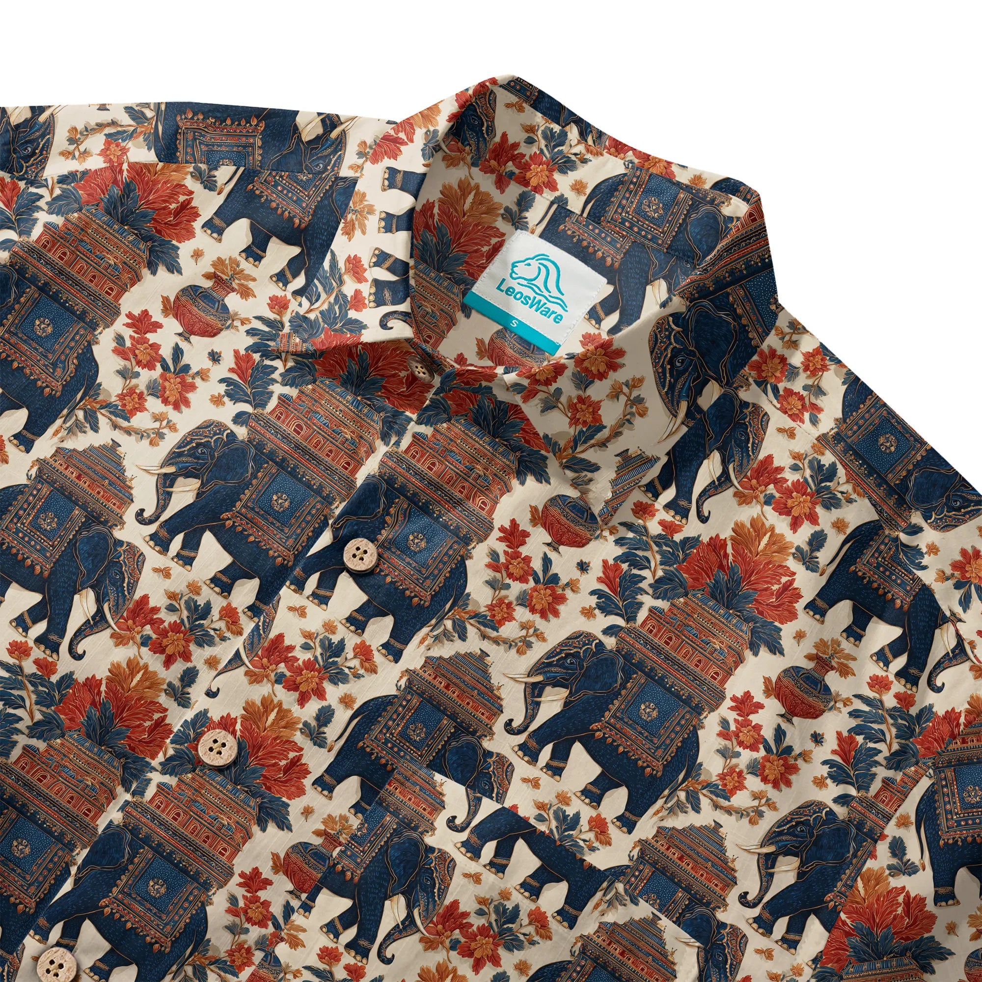 Elephant LeosWare® Men's Hawaiian Shirt Short Sleeve Button-up 100% Cotton Beige Aloha Temple Of The Elephant God By Ann