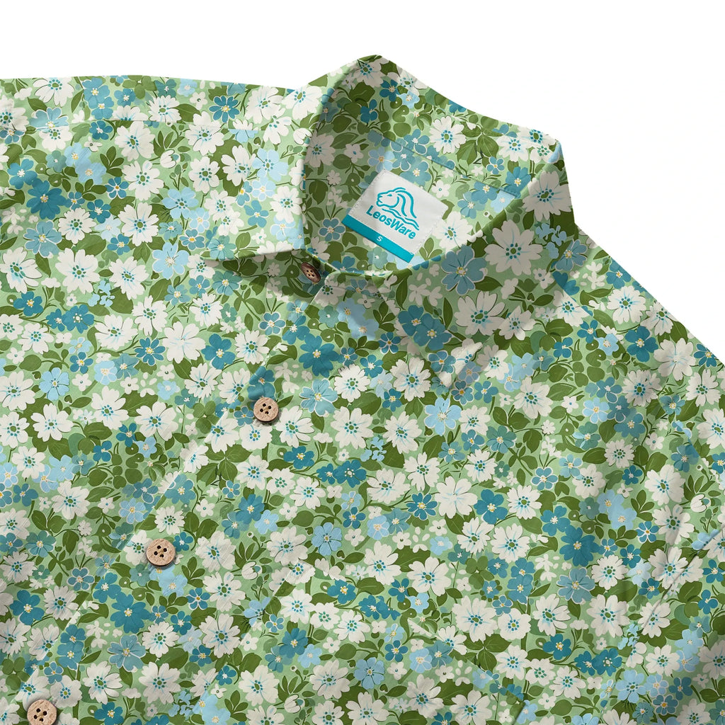 LeosWare® Flower Men's Hawaiian Shirt Short Sleeve Button-up 100% Cotton Green Aloha Fresh Blooms By Ann