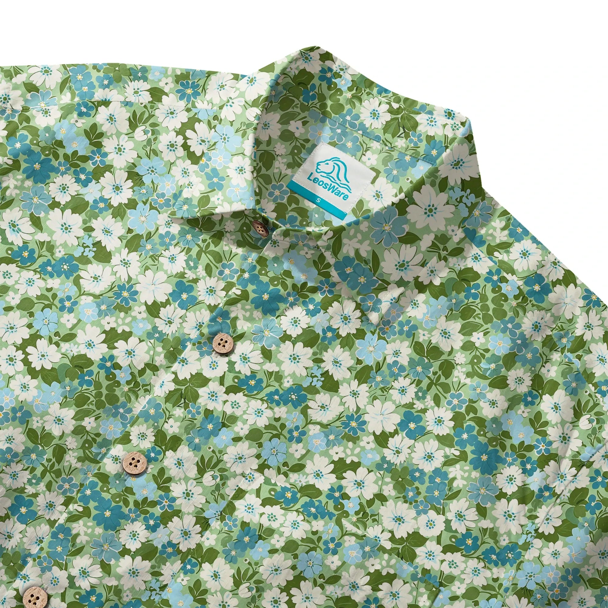 LeosWare® Flower Men's Hawaiian Shirt Short Sleeve Button-up 100% Cotton Green Aloha Fresh Blooms By Ann