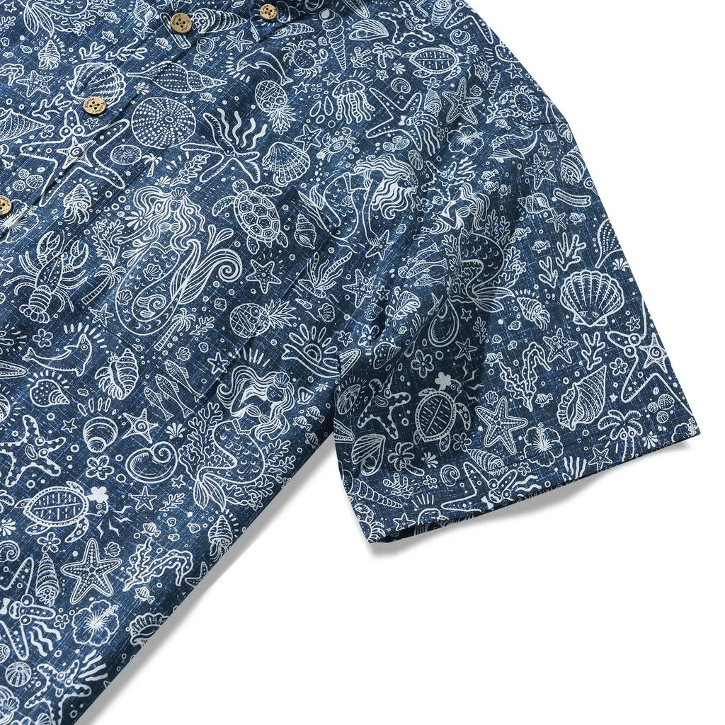 Men's Hawaiian Shirt Short Sleeve Button-down 100% Cotton Beige Aloha Coastal Doodle - Navy Blue By Huan huan