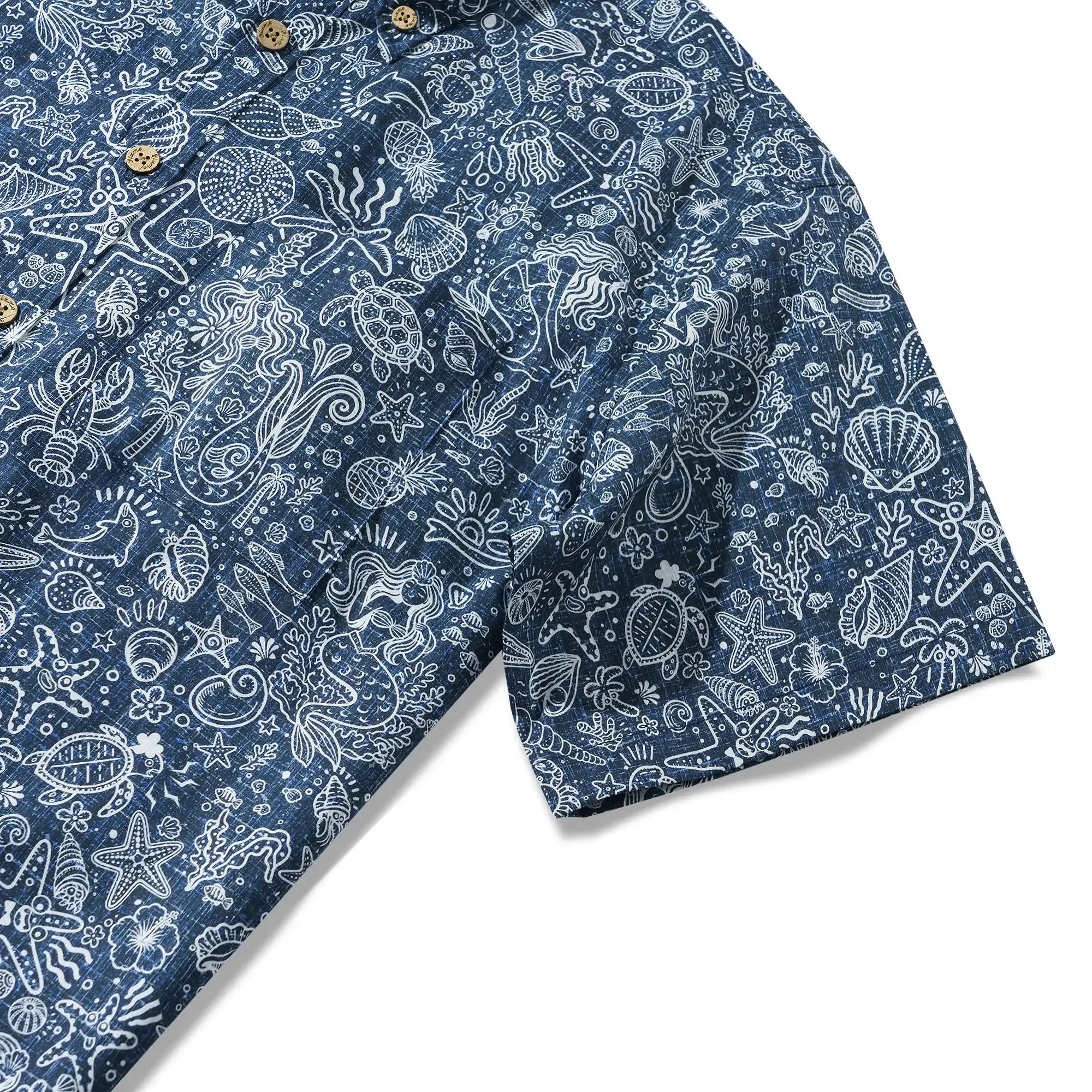 Men's Hawaiian Shirt Short Sleeve Button-down 100% Cotton Beige Aloha Coastal Doodle - Navy Blue By Huan huan