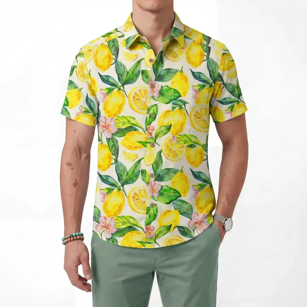 LeosWare® Men's Hawaiian Shirt Short Sleeve Button-up 100% Cotton Yellow Aloha Lemon Summer Essence By Ann