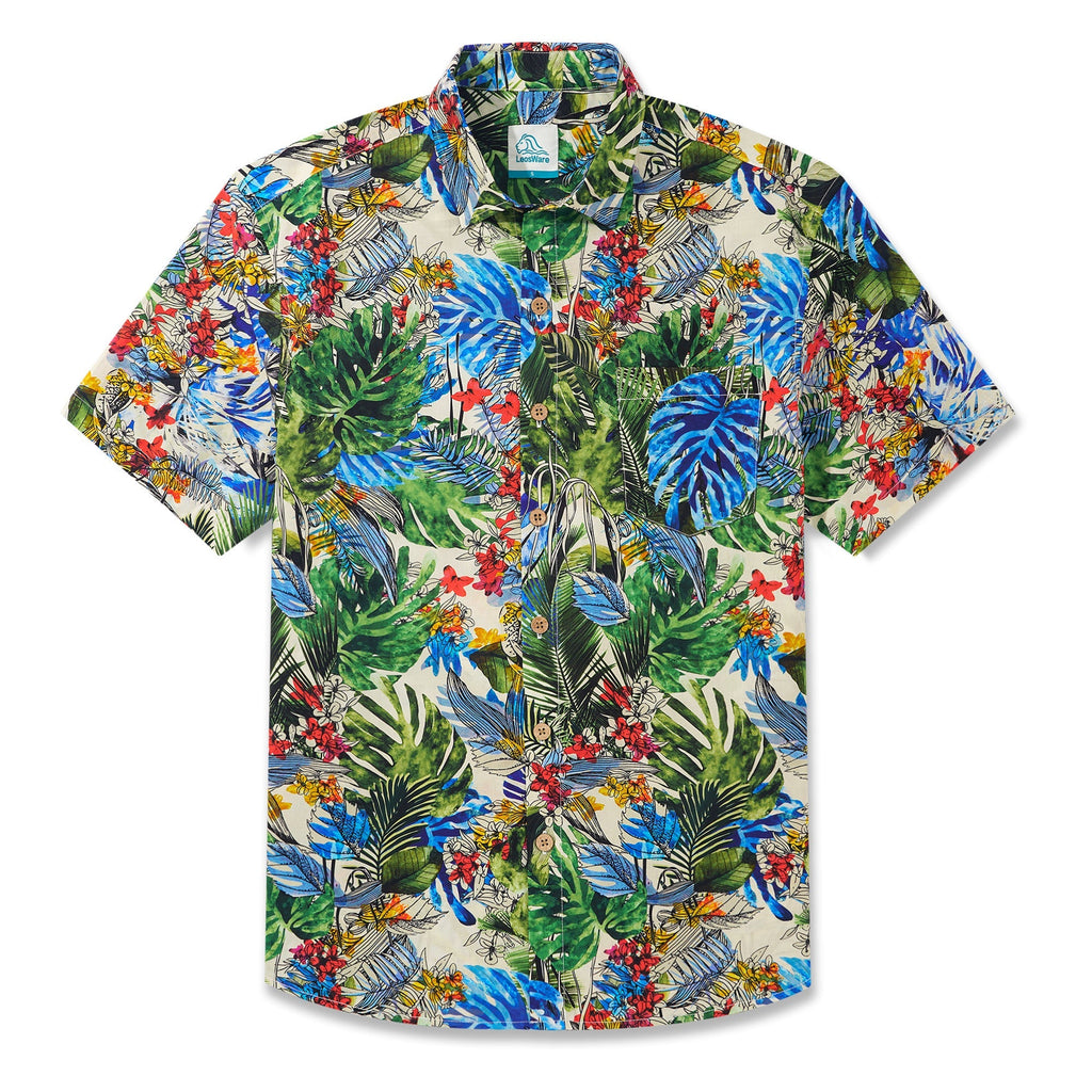 LeosWare® Men's Hawaiian Shirt Short Sleeve Button-up 100% Cotton Green Aloha Tropical Jungle Whispers By Ethan