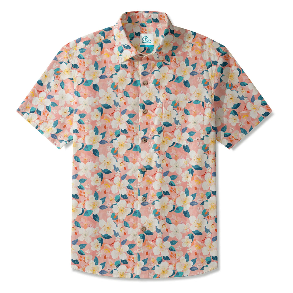 LeosWare® Men's Hawaiian Shirt Short Sleeve Button-up 100% Cotton Aloha Cherry Blossom Spring Delight By Ann