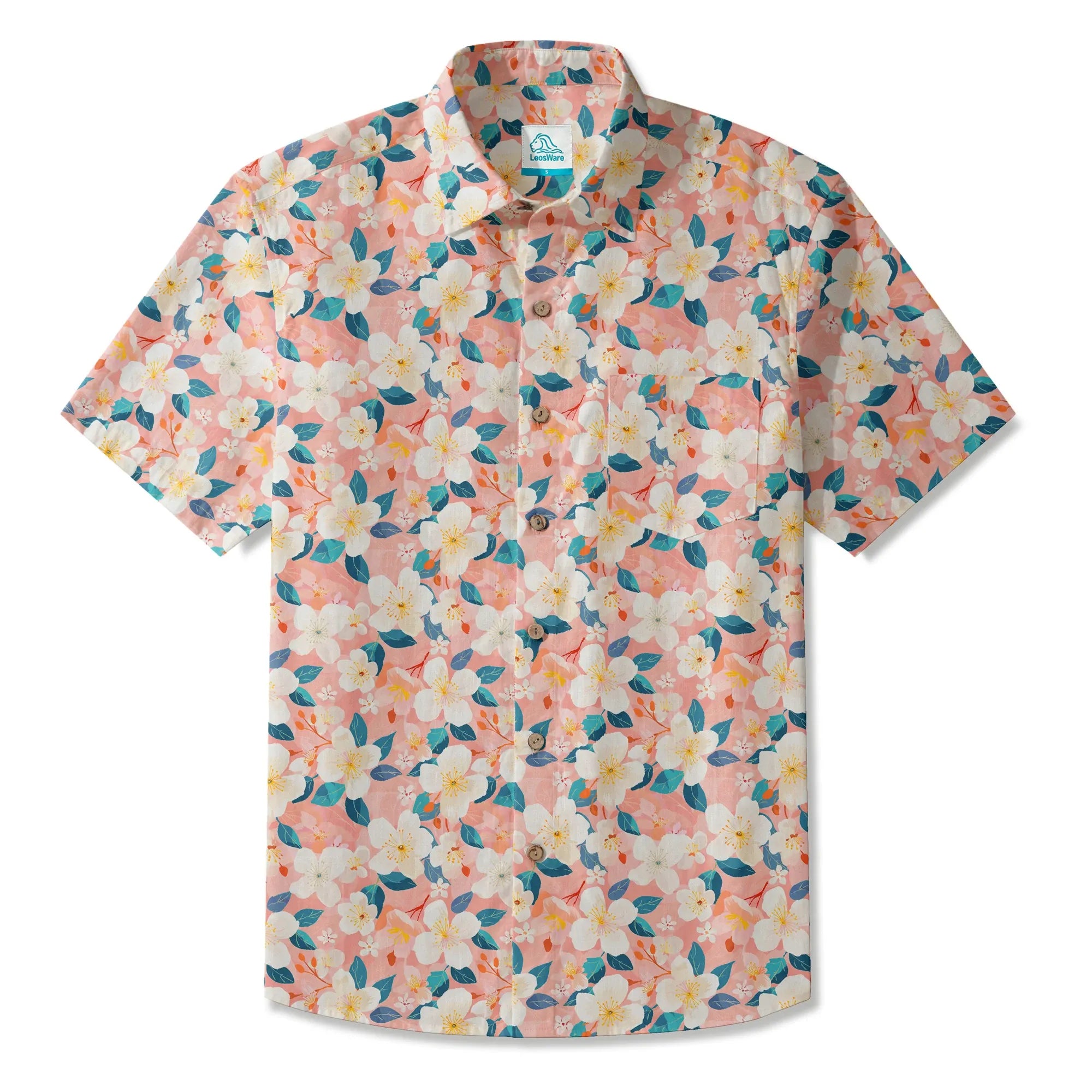 LeosWare® Men's Hawaiian Shirt Short Sleeve Button-up 100% Cotton Aloha Cherry Blossom Spring Delight By Ann