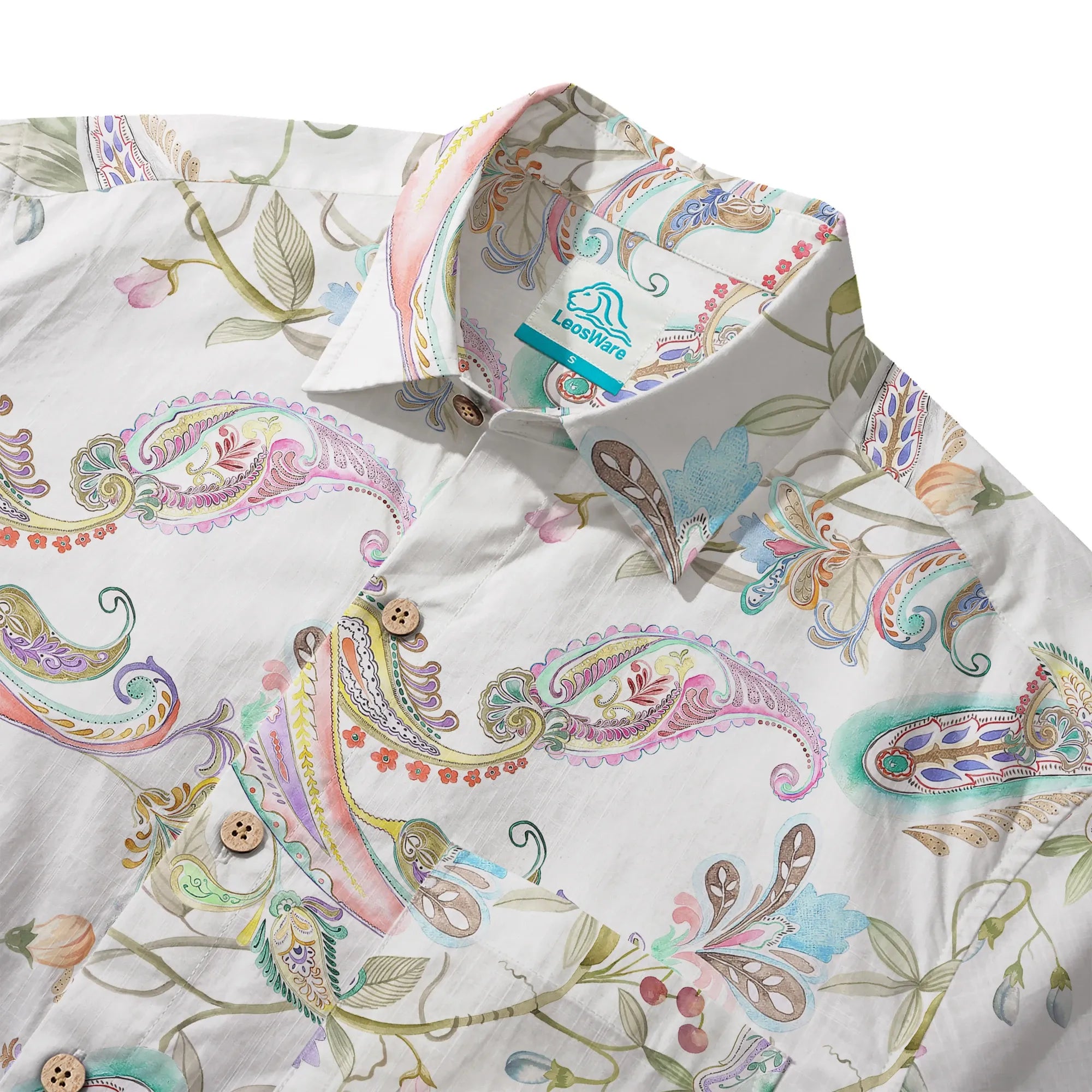 LeosWare® Men's Hawaiian Shirt Short Sleeve Button-up 100% Cotton Green Aloha Fantasy Paisley Garden By Huan huan