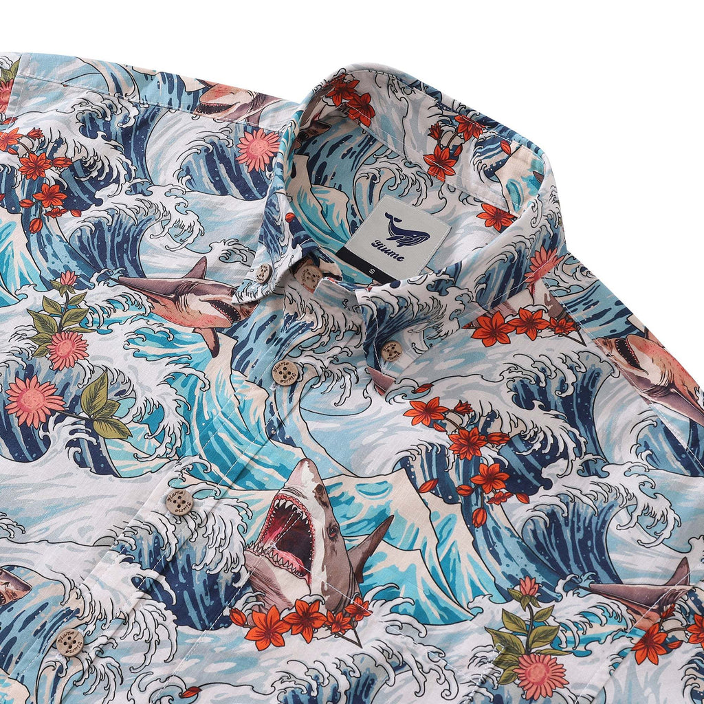 Men's Resort Wear Shirt Turbulence at Sea with Sharks Print Short Sleeve Hawaiian Shirt For Men By Sun