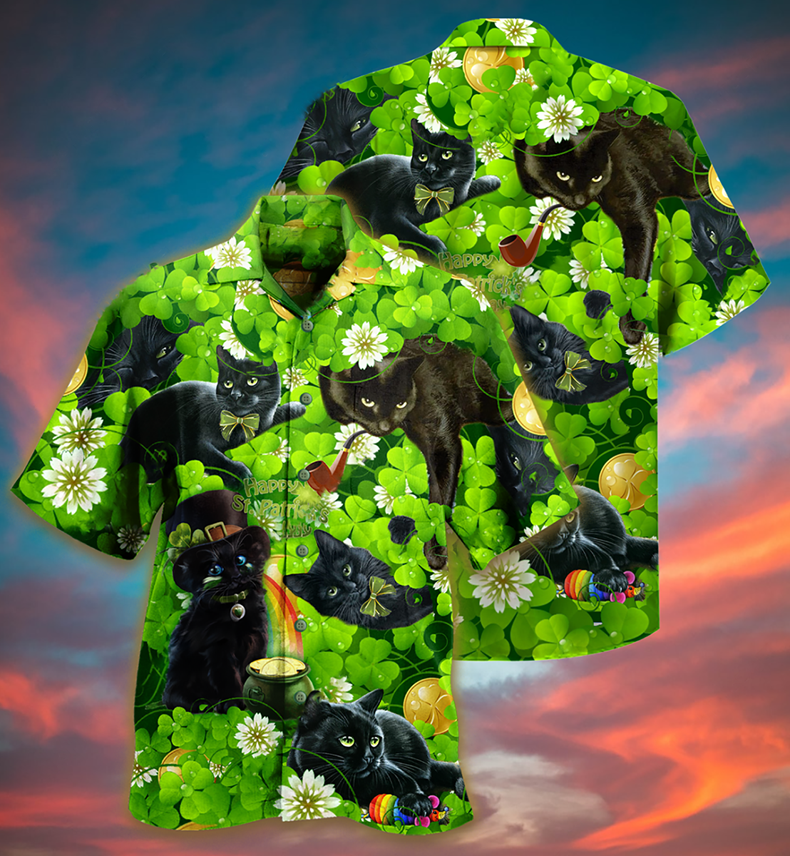 Black Cat Love Green - Hawaiian Shirt