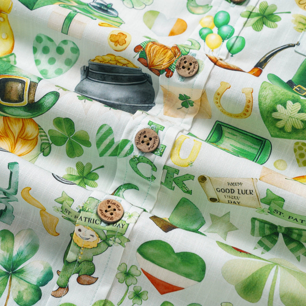 St. Patrick's Day Gift Men's Hawaiian Shirt Short Sleeve Button-down 100% Cotton Green Aloha Irish Elf Fantasia By Yana