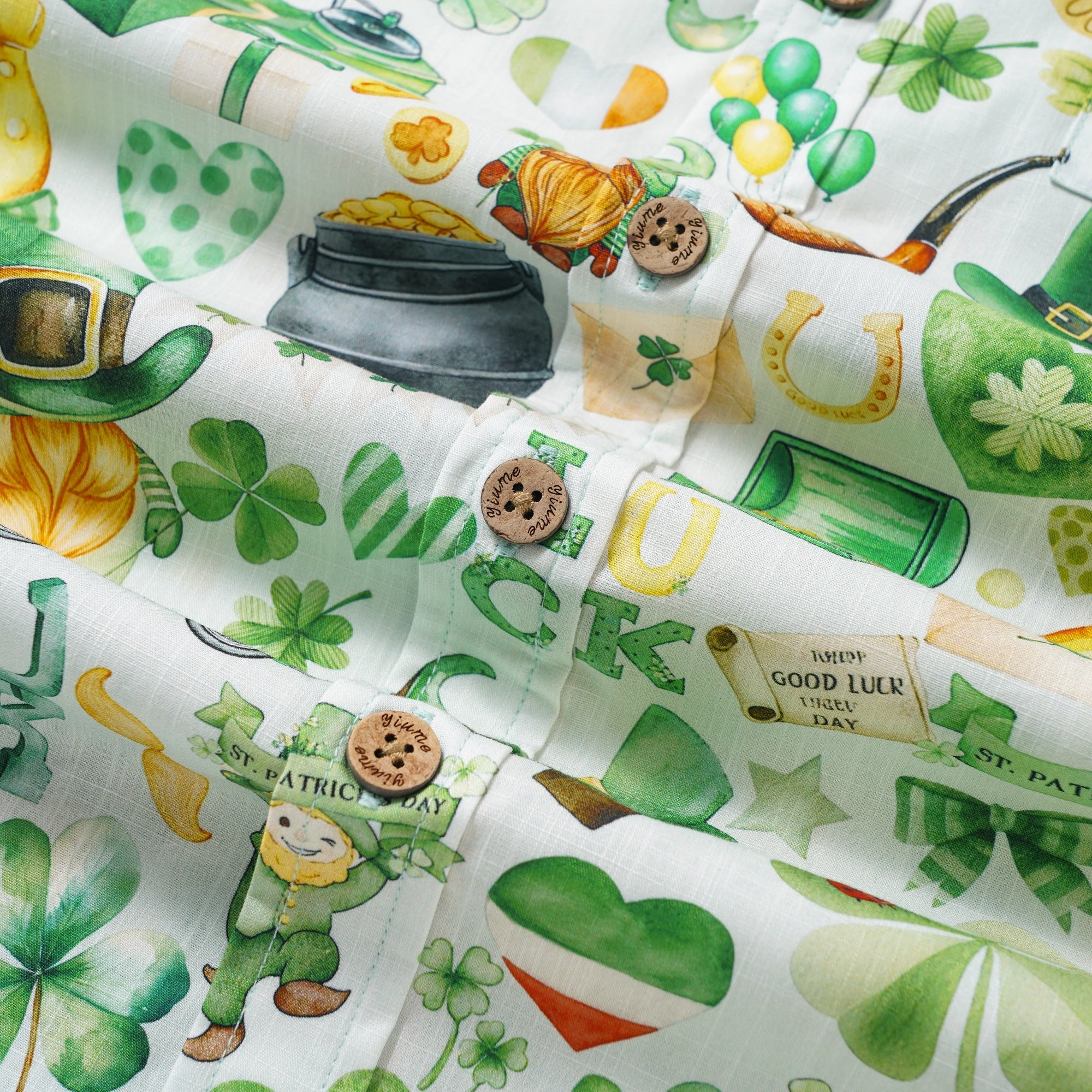 St. Patrick's Day Gift Men's Hawaiian Shirt Short Sleeve Button-down 100% Cotton Green Aloha Irish Elf Fantasia By Yana