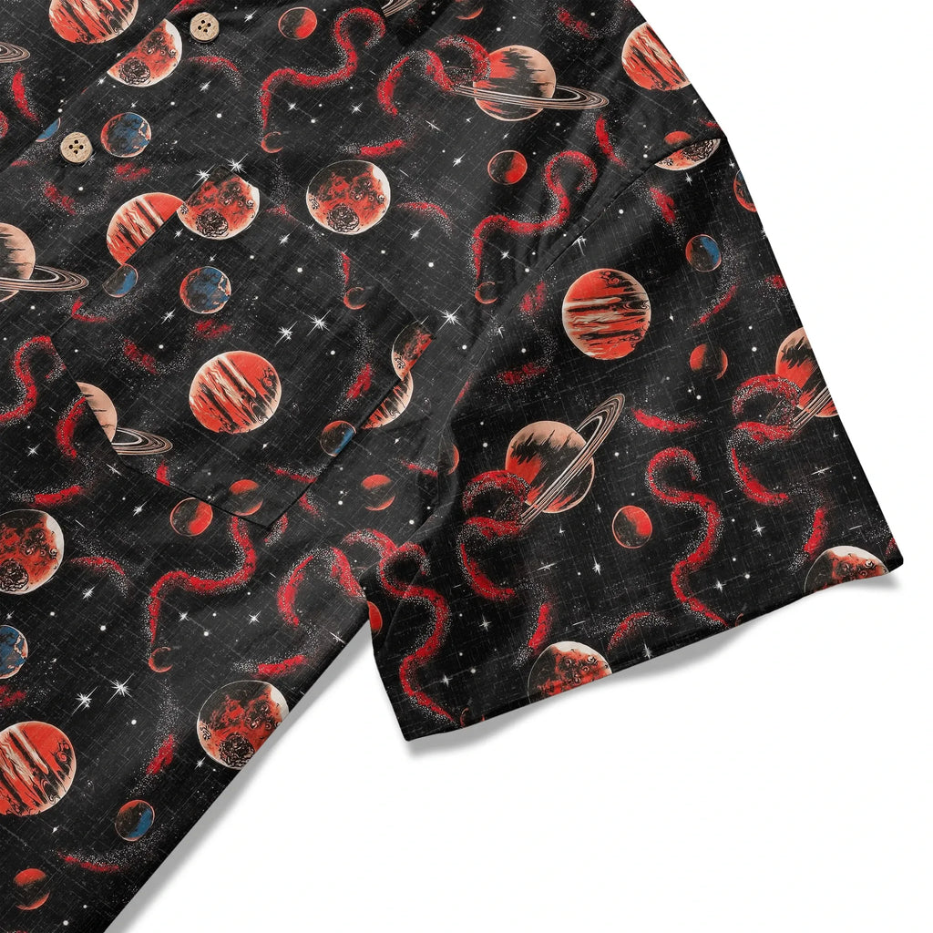 LeosWare® Men's Hawaiian Shirt Short Sleeve Button-up 100% Cotton Black Apace Aloha Crimson Celestial River By Ann
