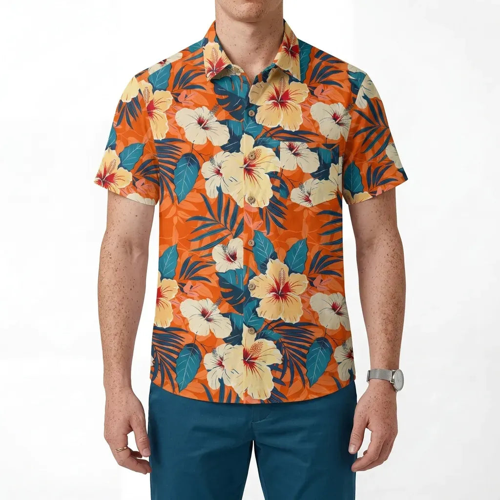 LeosWare® Men's Hawaiian Shirt Short Sleeve Button-up 100% Cotton Orange Aloha Blooming Orange Hibiscus By Ann