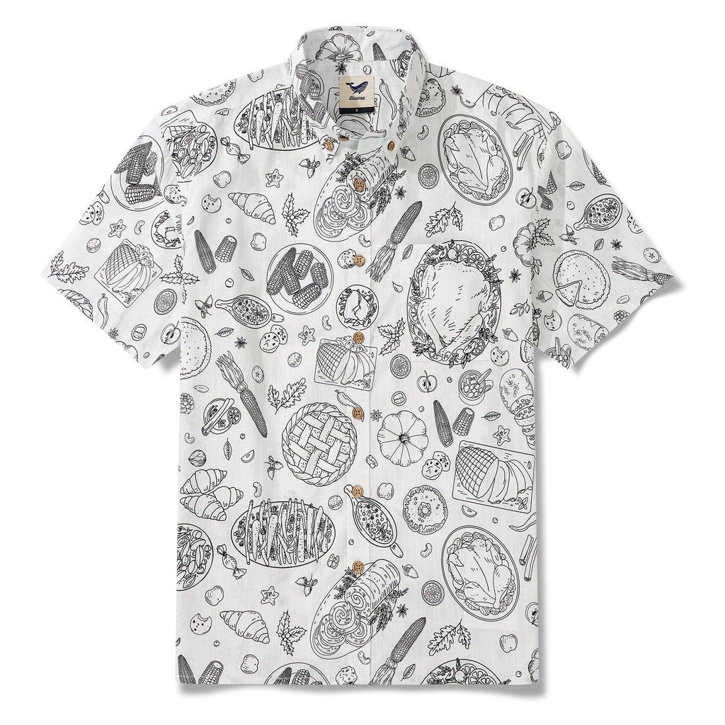 Thanksgiving Gift Men's Hawaiian Shirt Short Sleeve Button-down 100% Cotton White Aloha Harvest Sketch By Yakima