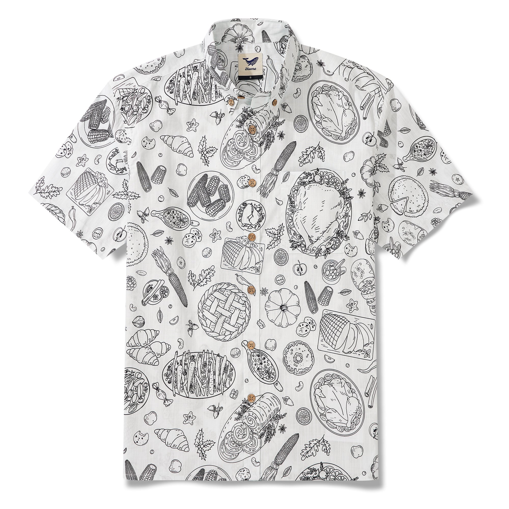 Thanksgiving Gift Men's Hawaiian Shirt Short Sleeve Button-down 100% Cotton White Aloha Harvest Sketch By Yakima