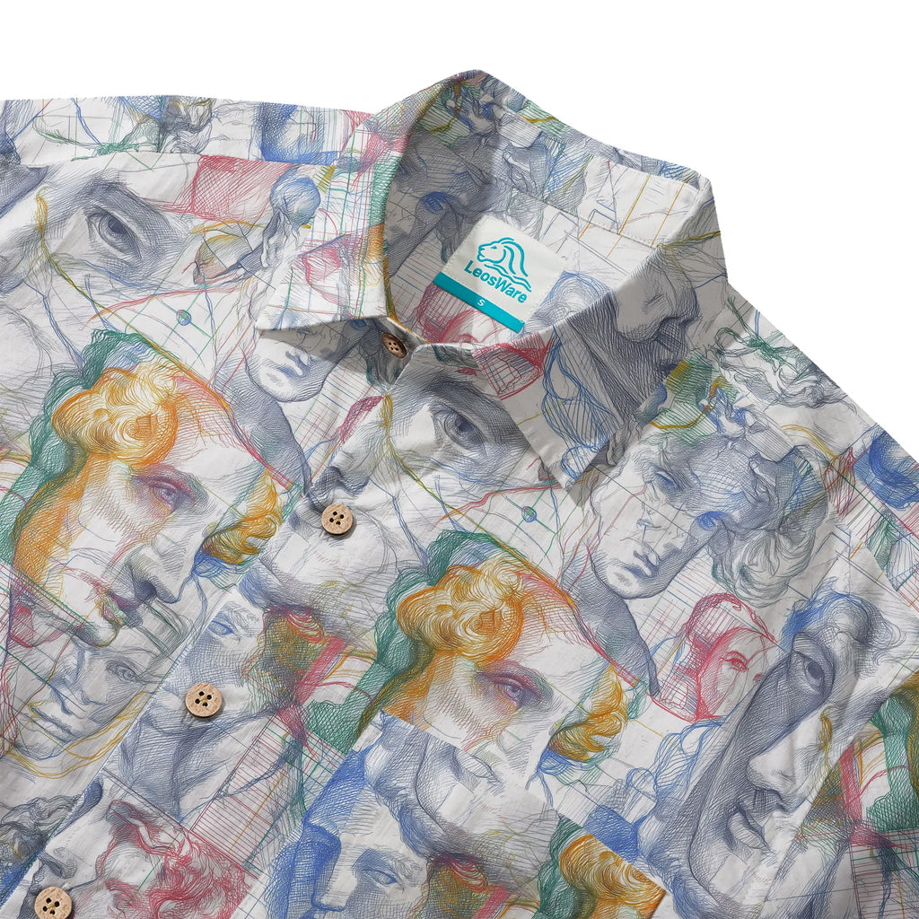 LeosWare® Men's Hawaiian Shirt Short Sleeve Button-up 100% Cotton White Aloha Master Sketch Fantasia By Ann