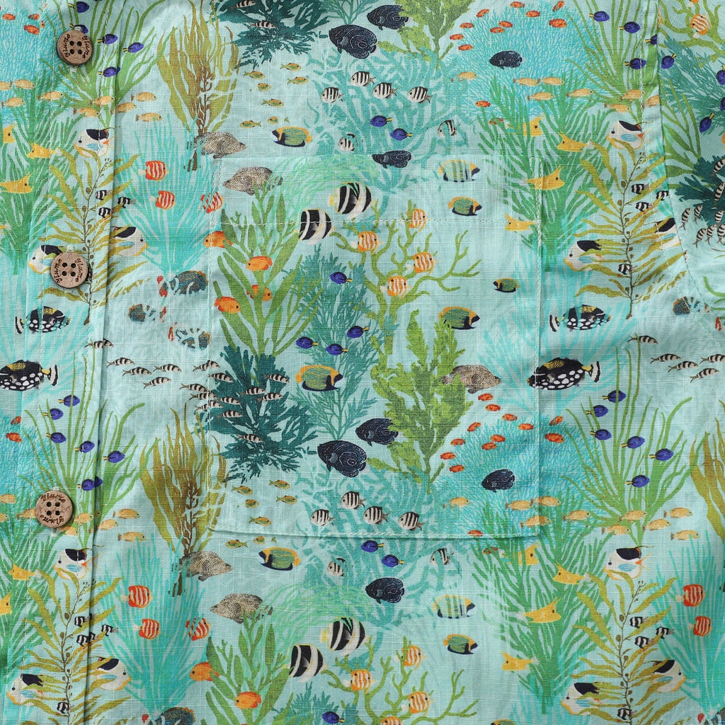 Green Hawaiian Shirt For Men Tropicial Fish Shirt The Coral Reef By Katherine Quinn Button-down Short Sleeve 100% Cotton Shirt