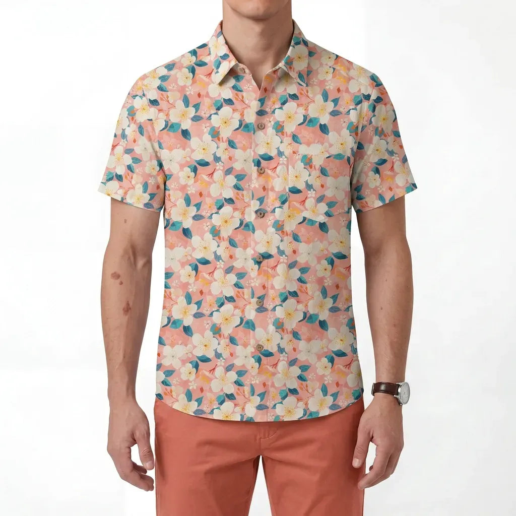 LeosWare® Men's Hawaiian Shirt Short Sleeve Button-up 100% Cotton Aloha Cherry Blossom Spring Delight By Ann