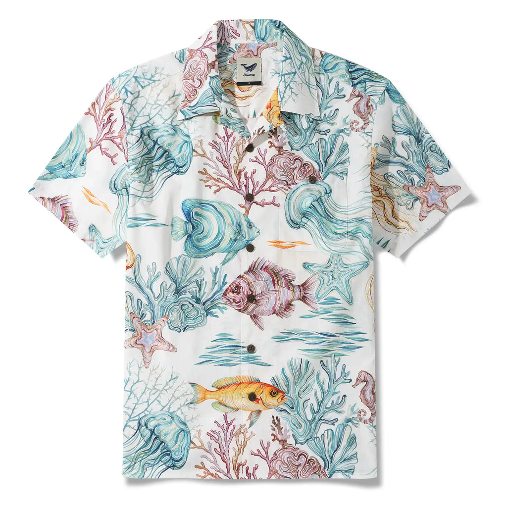 Men's Hawaiian Shirt Short Sleeve Camp Collar 100% Cotton Blue Aloha Life Underwater By Michela Maranzana