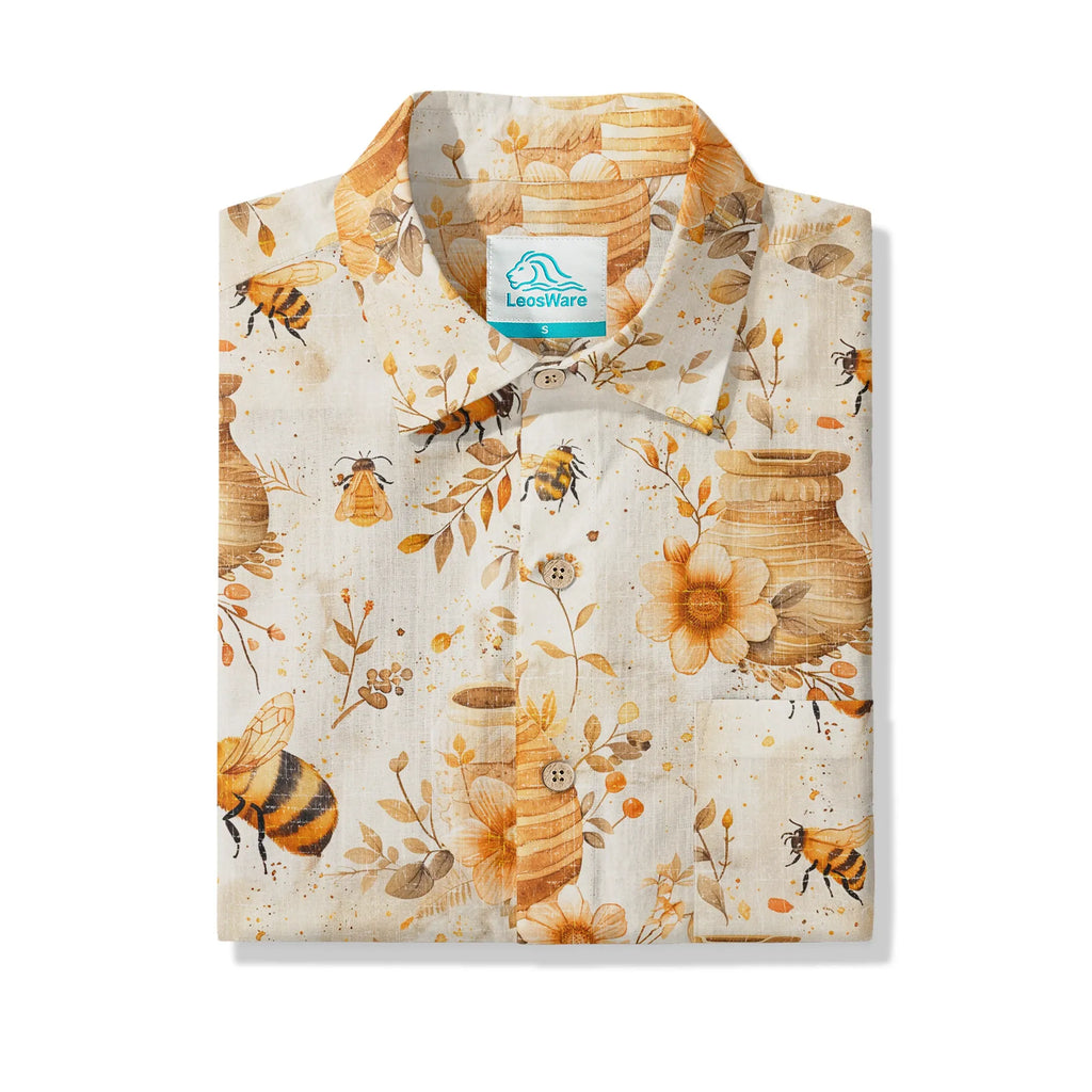 LeosWare® Men's Hawaiian Shirt Short Sleeve Button-up 100% Cotton Yellow Aloha Autumn Harvest In The Honey Garden Bee By Ann