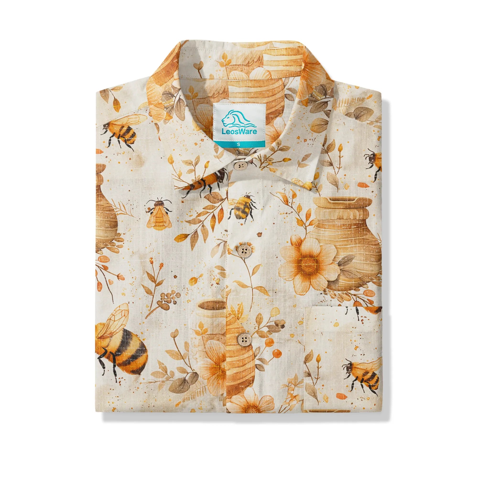 LeosWare® Men's Hawaiian Shirt Short Sleeve Button-up 100% Cotton Yellow Aloha Autumn Harvest In The Honey Garden Bee By Ann