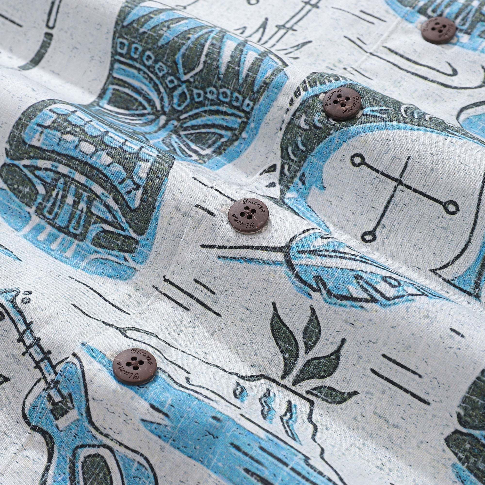Tiki Men's Hawaiian Shirt Short Sleeve Camp Collar 100% Cotton Blue Aloha By Yakima