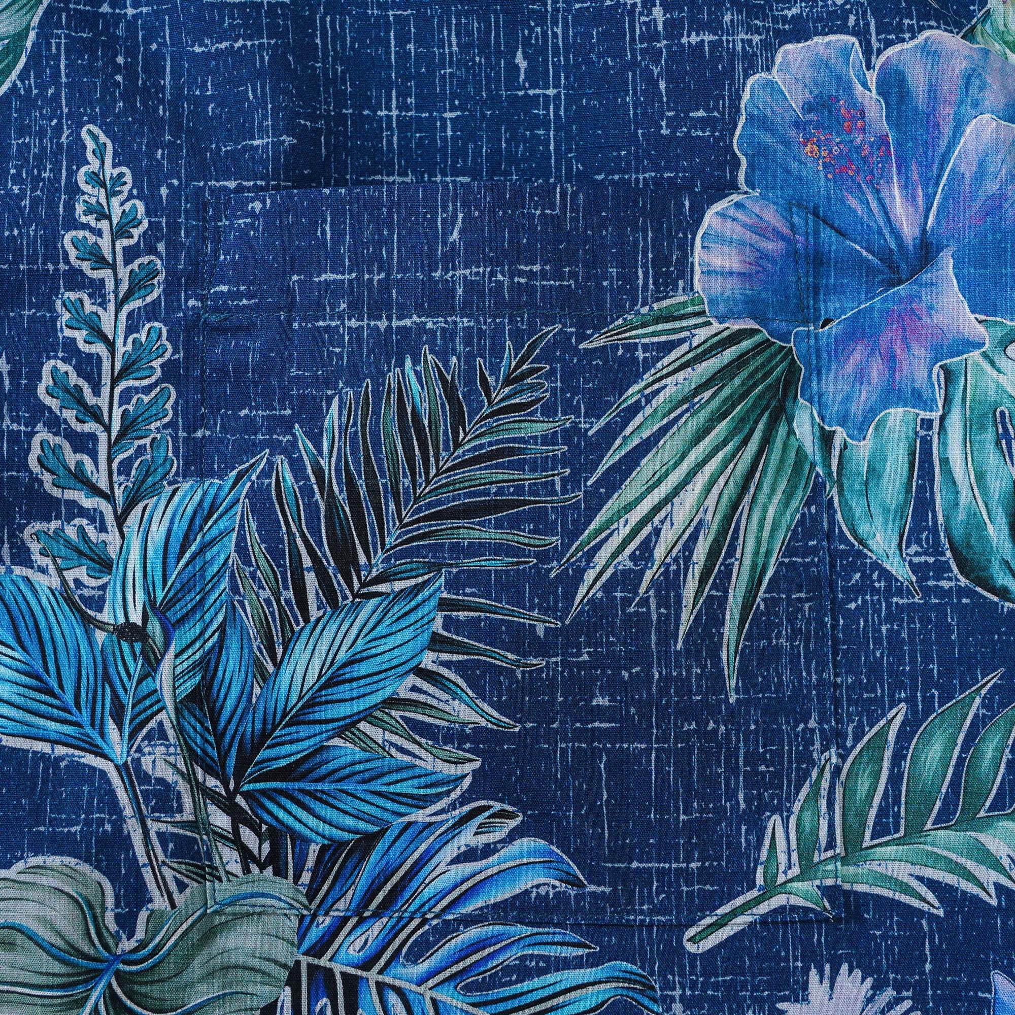Men's Hawaiian Shirt Short Sleeve Button-down 100% Cotton Green Aloha Tranquil Blue Blossoms By Yakima