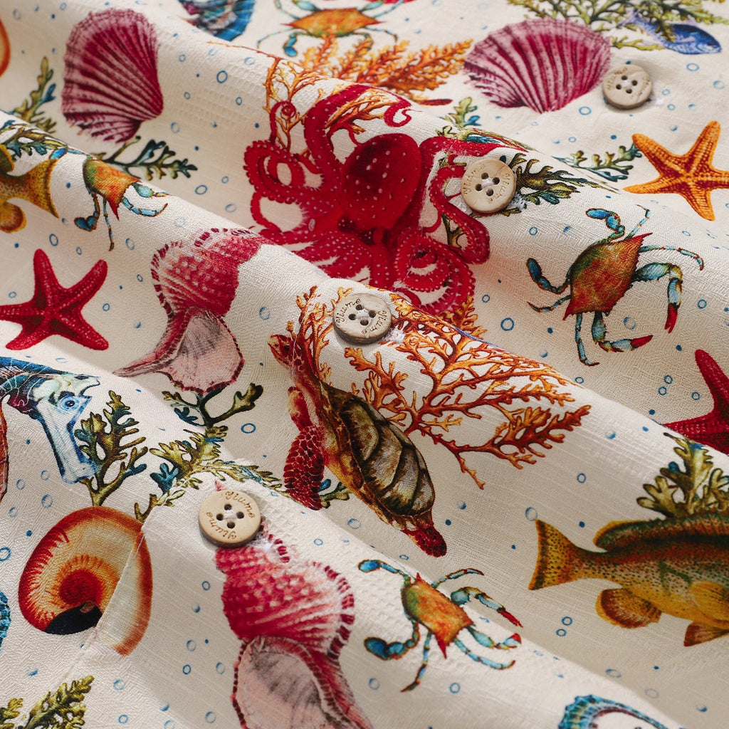Chemise Aloha en Soie 100 % pour Homme - Impression Vie Marine - Hippocampe et Pieuvre - Col Camp à Manches Courtes par Amy