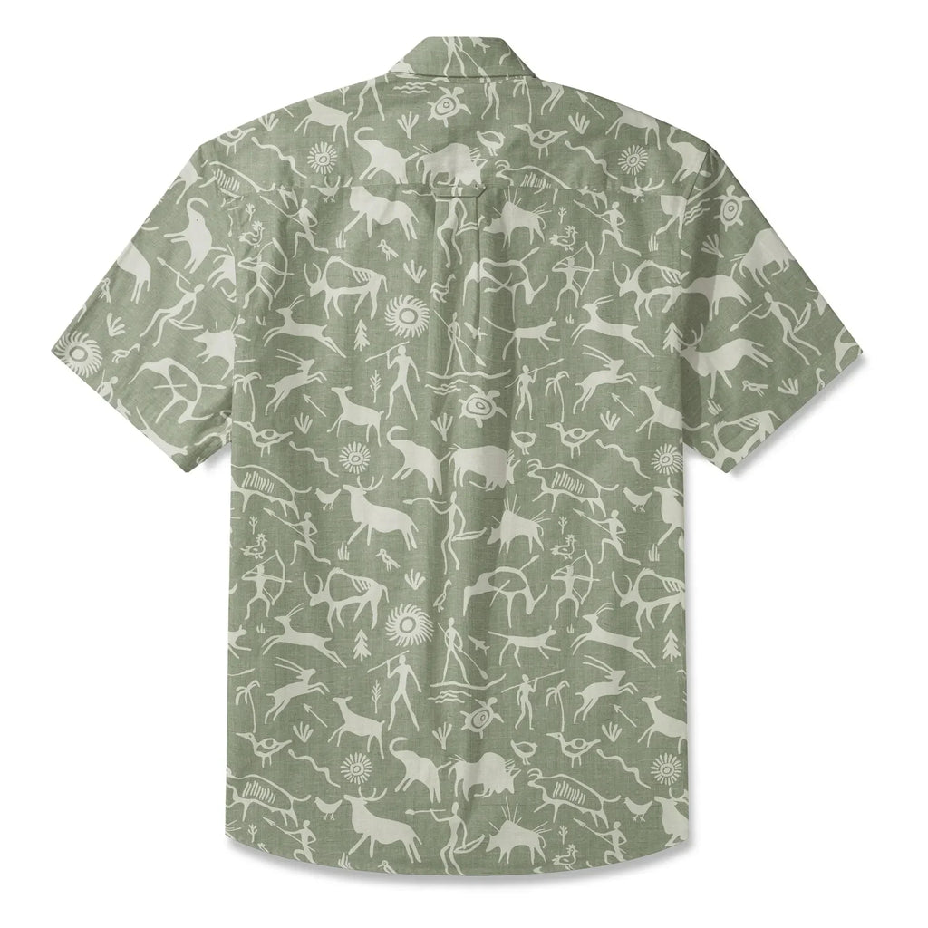 LeosWare® Men's Hawaiian Shirt Short Sleeve Button-up 100% Cotton Green Aloha Sage Green Tribal Rock Painting By Huan huan