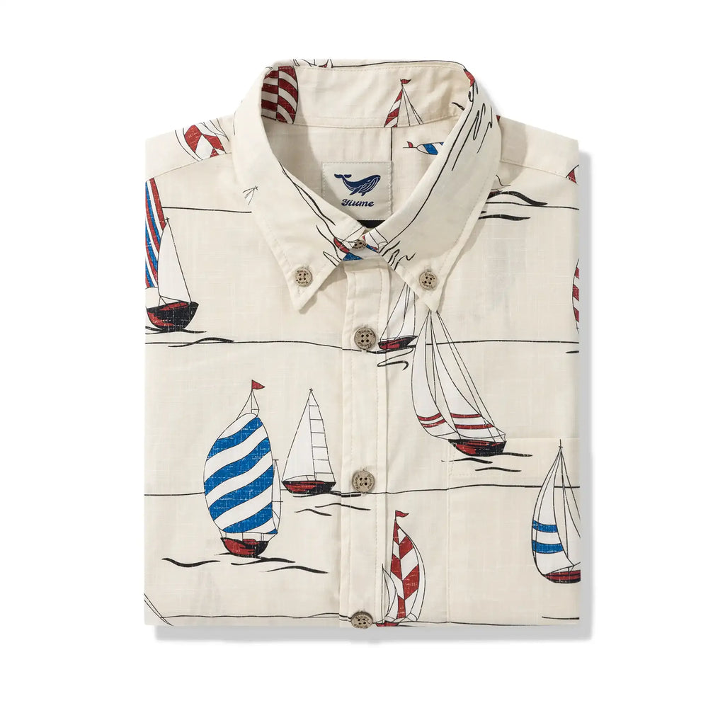 Men's Hawaiian Shirt Short Sleeve Button-down 100% Cotton Blue Aloha Sail into the Horizon By Huan huan
