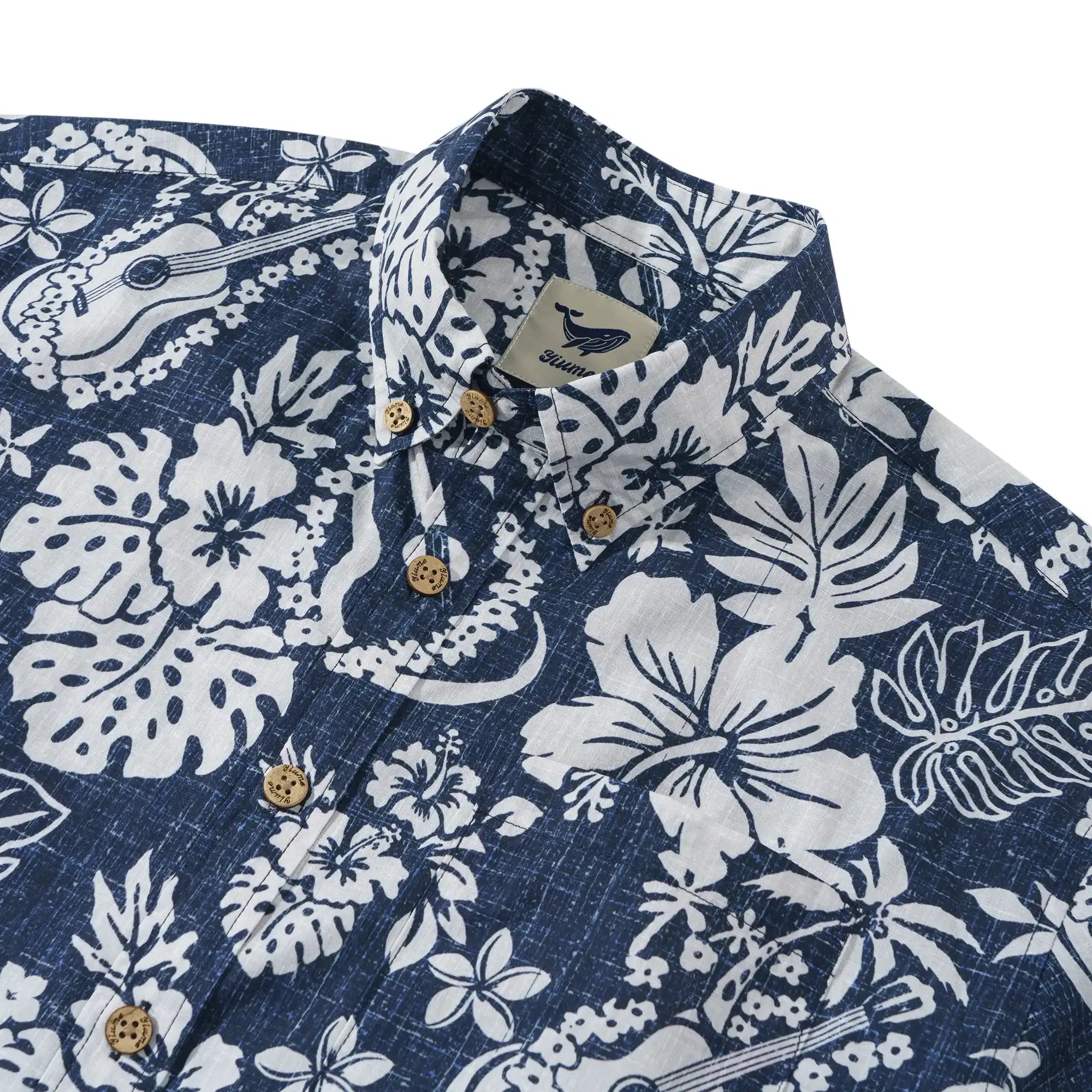 Men's Hawaiian Shirt Short Sleeve Button-down 100% Cotton Blue Aloha Island Ukulele By DUDU