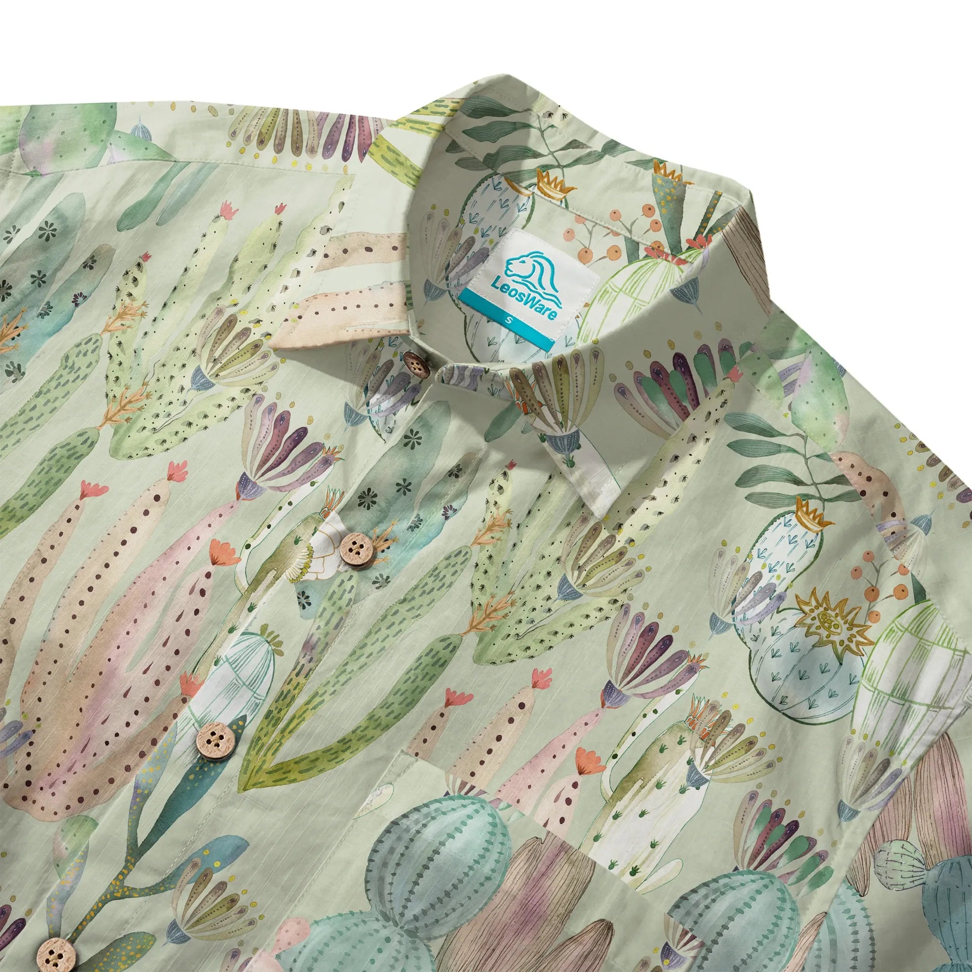 LeosWare® Men's Hawaiian Shirt Short Sleeve Button-up 100% Cotton Green Aloha Cactus Paradise By Huan huan