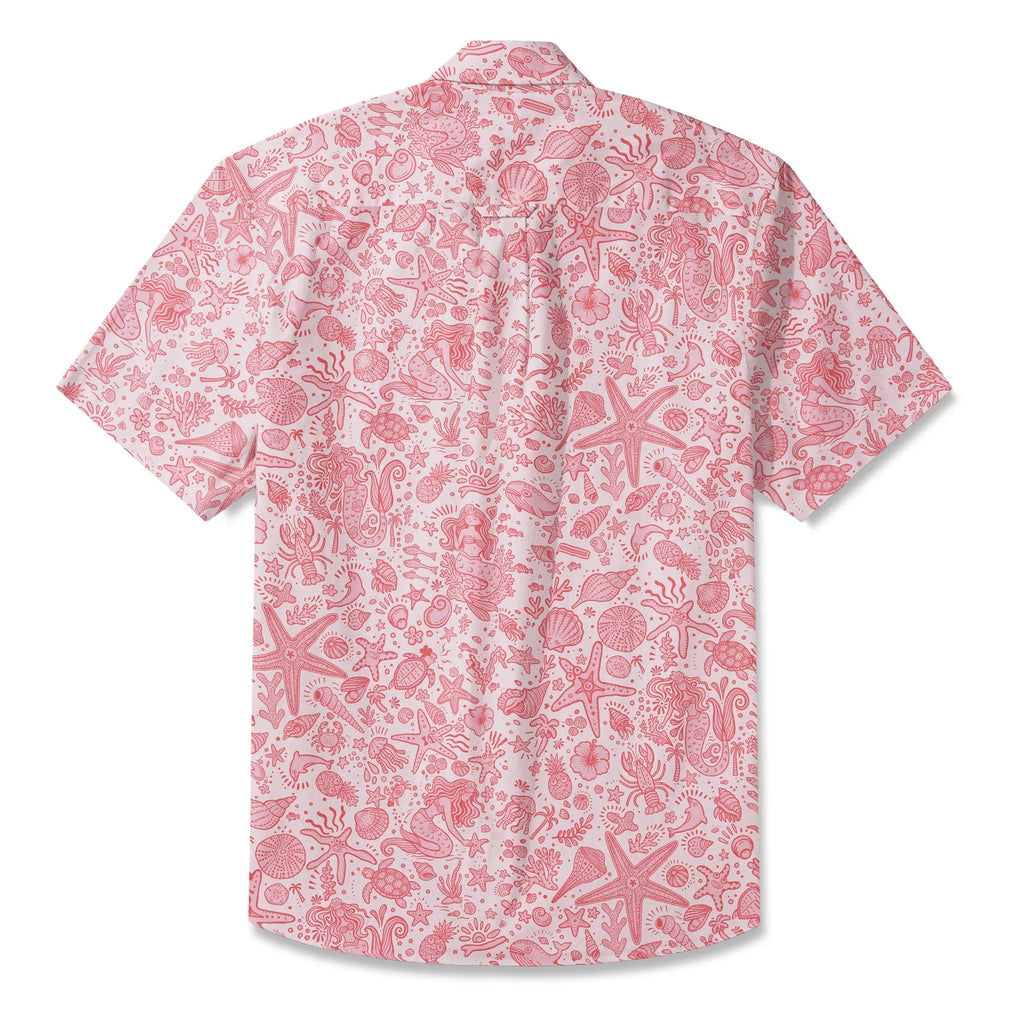 Chemise hawaïenne pour homme LeosWare® à manches courtes, boutonnée, 100 % coton, Aloha, rose doux, motifs océaniques par Huan huan