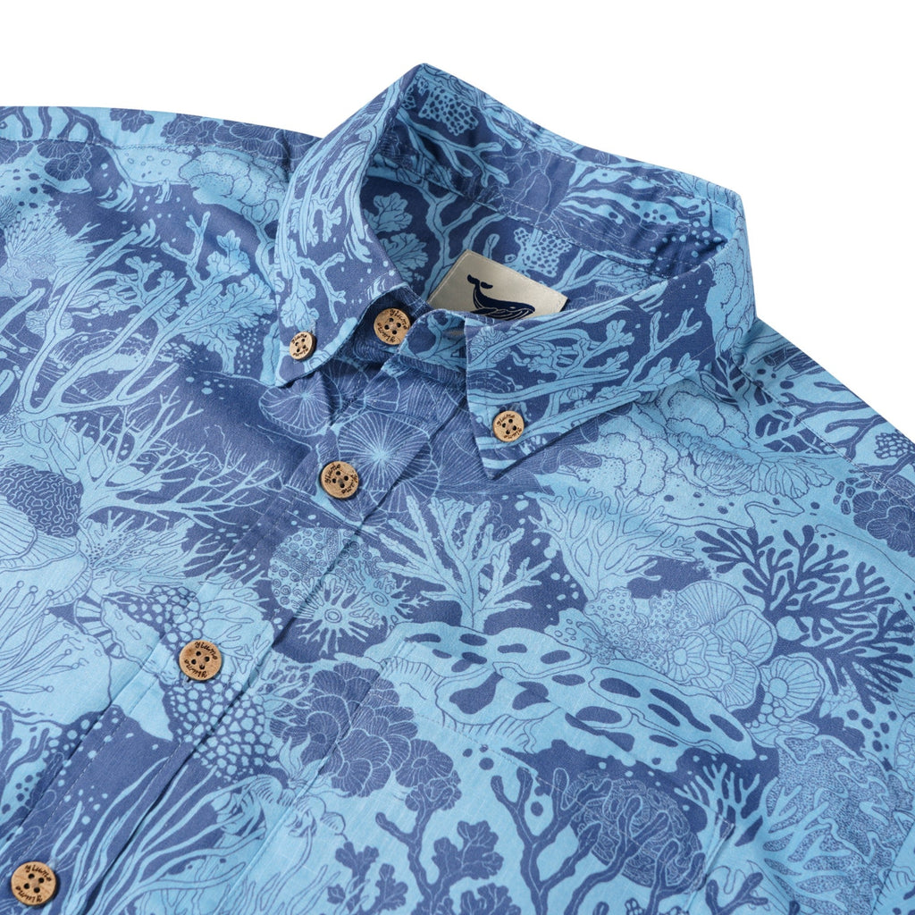 Men's Hawaiian Shirt Short Sleeve Button-down 100% Cotton Blue Aloha Undersea Coral Reef By Zeke