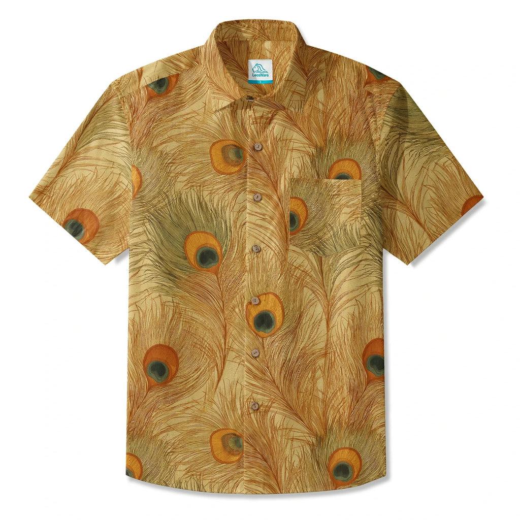 LeosWare® Chemise Hawaïenne pour Homme à Manches Courtes Boutonnée 100 % Coton Jaune Aloha Ocre Or Plume de Pinson par Ann