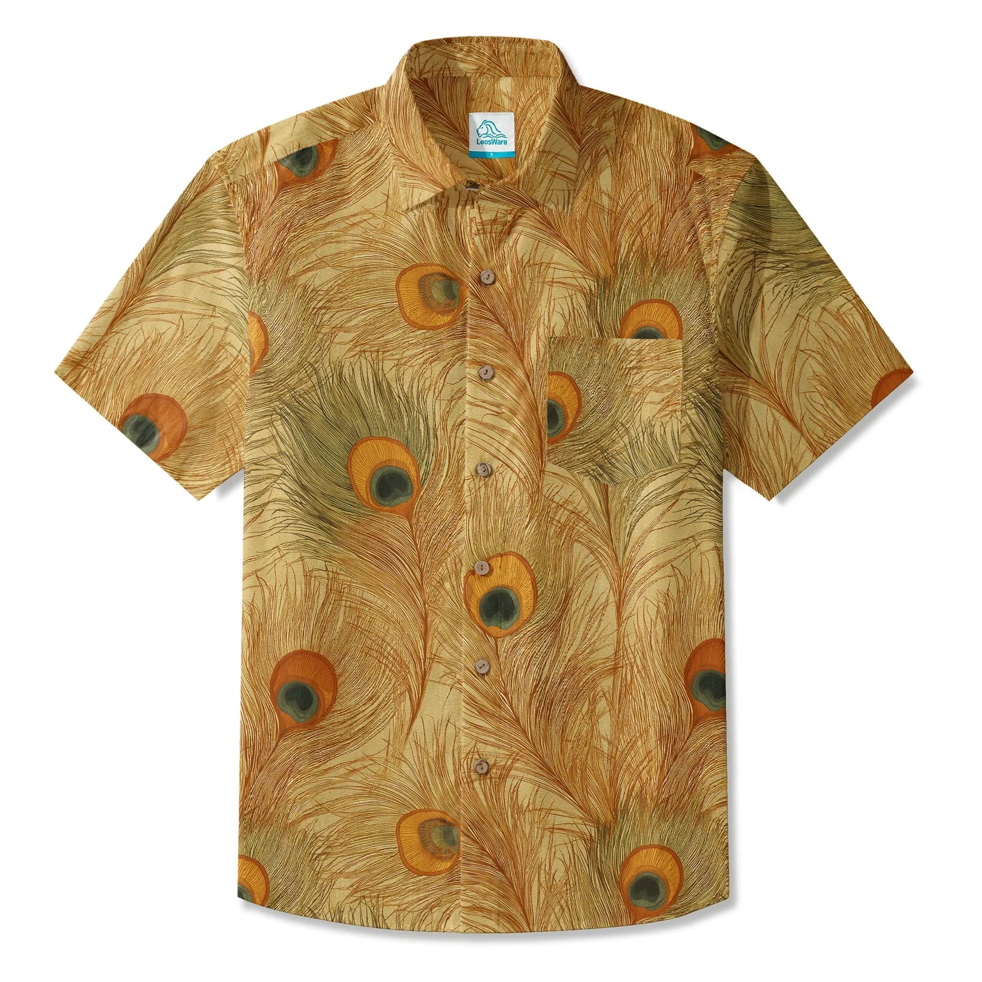 LeosWare® Chemise Hawaïenne pour Homme à Manches Courtes Boutonnée 100 % Coton Jaune Aloha Ocre Or Plume de Pinson par Ann