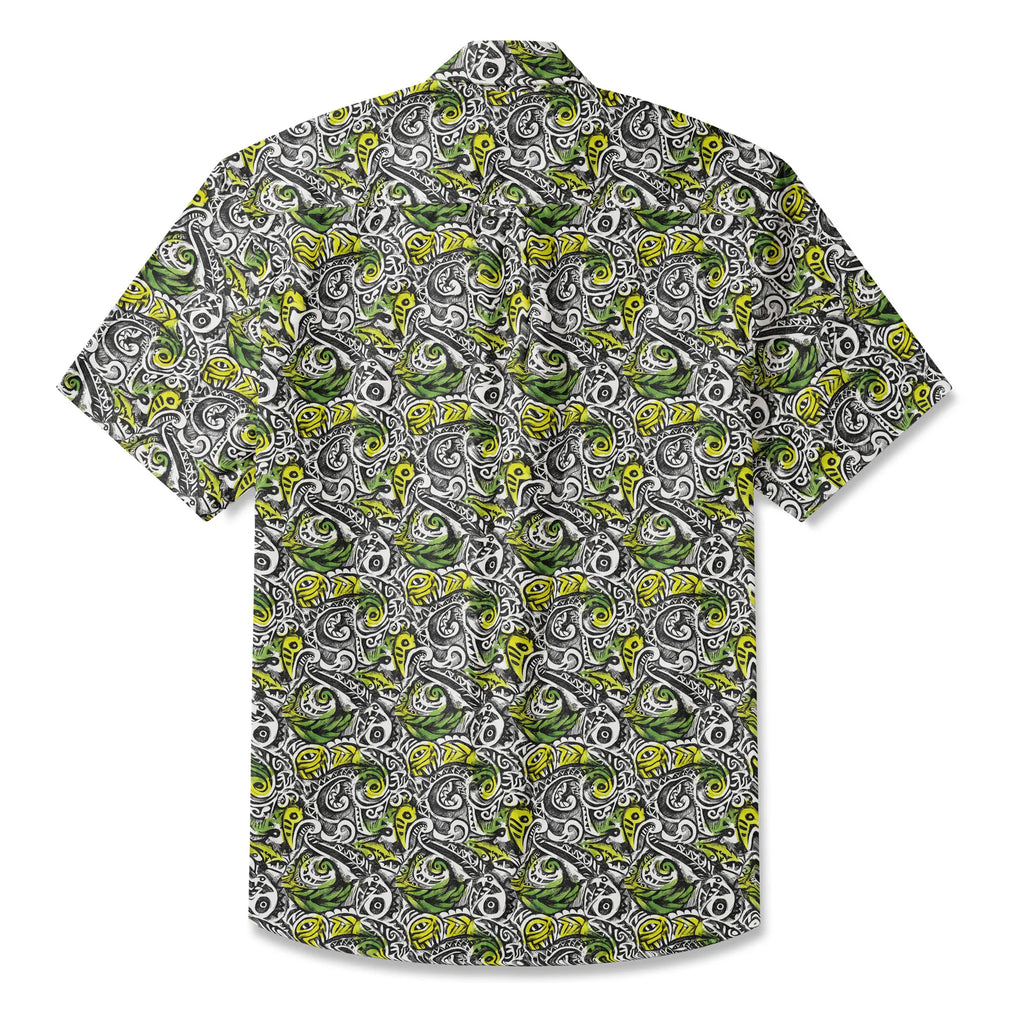 LeosWare® Men's Hawaiian Shirt Short Sleeve Button-up 100% Cotton Black Aloha Polynesian Totem By Ann