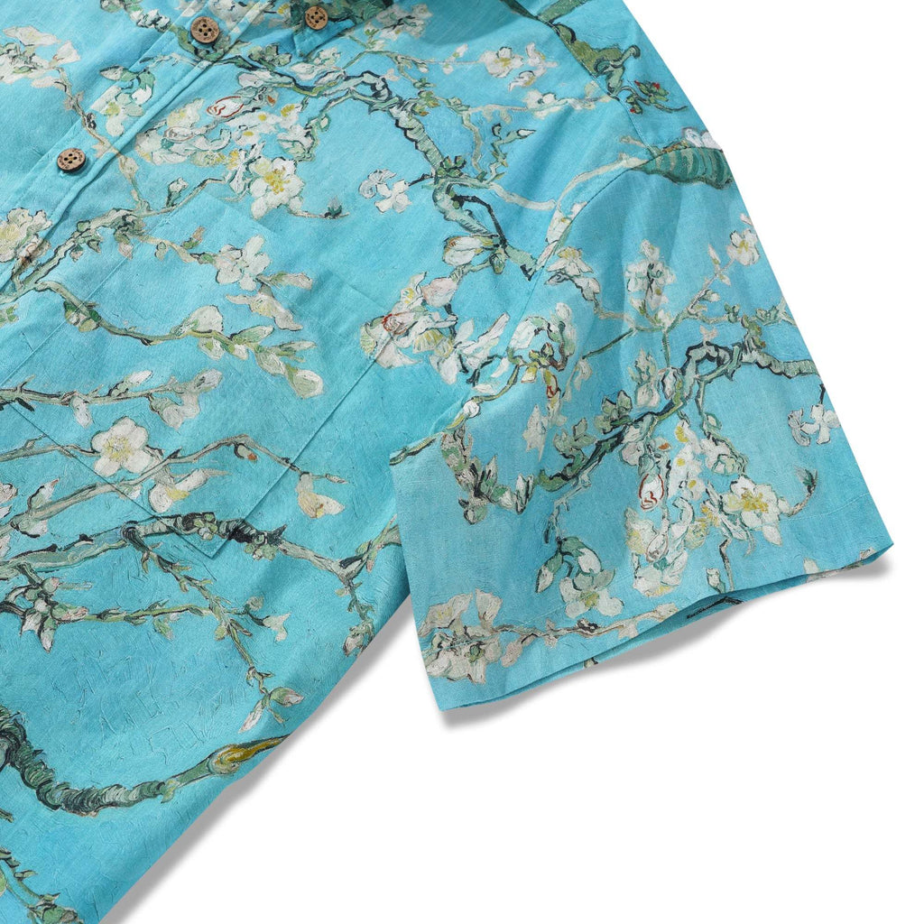 Men's Hawaiian Shirt Short Sleeve Button-down 100% Cotton Green Aloha Blossoming Almond By Sun