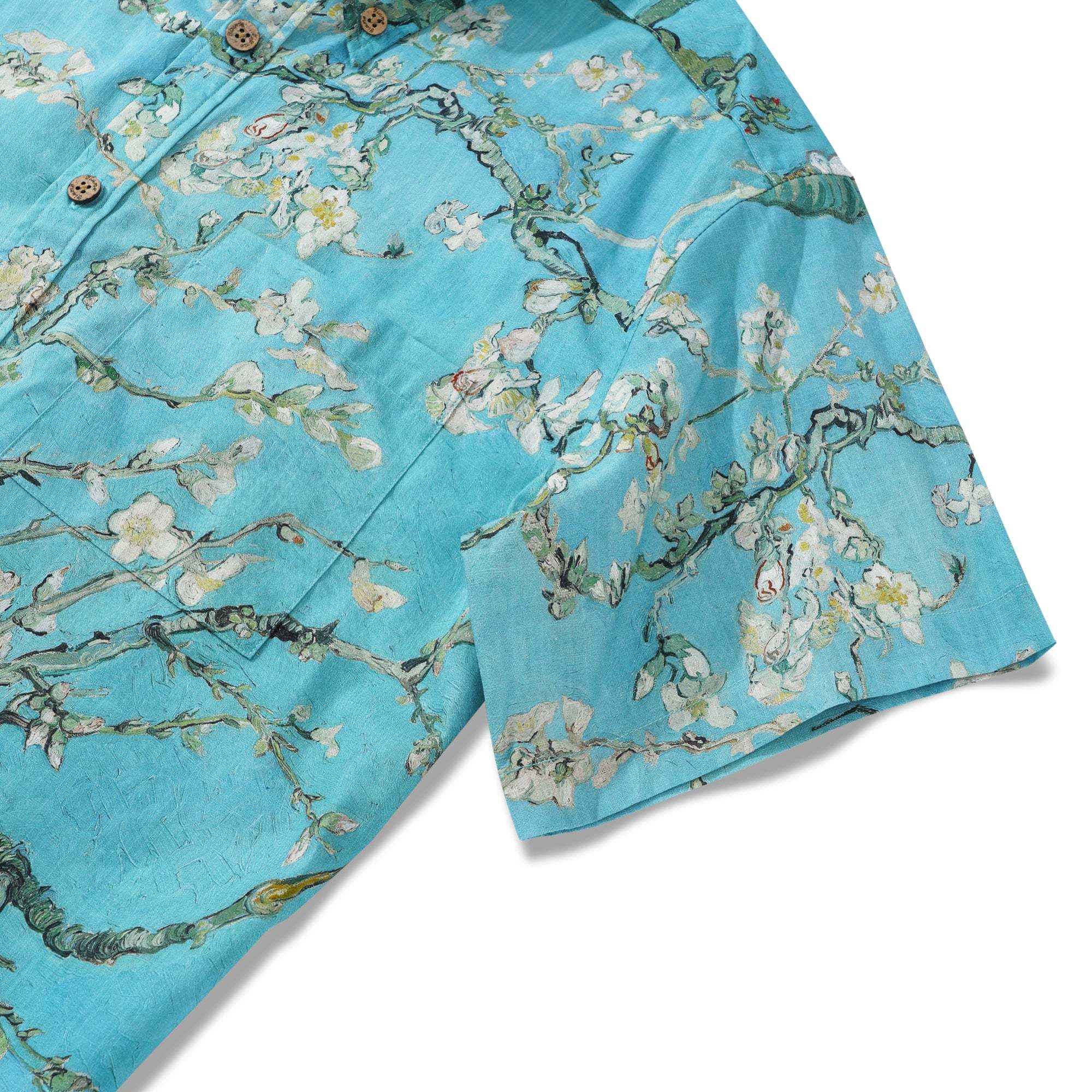 Men's Hawaiian Shirt Short Sleeve Button-down 100% Cotton Green Aloha Blossoming Almond By Sun