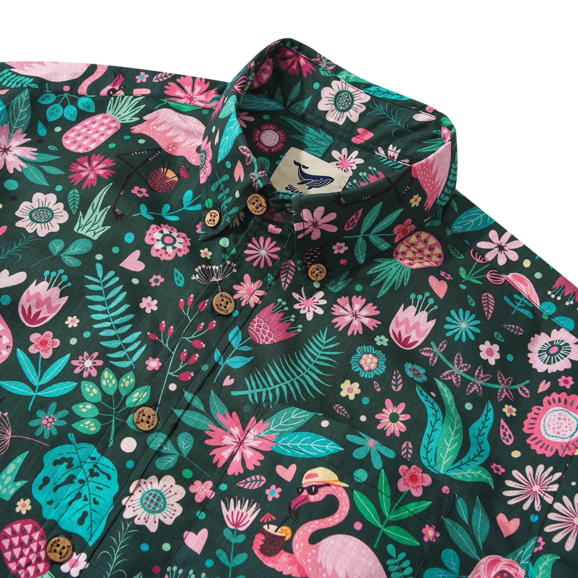 Men's Hawaiian Shirt Short Sleeve Button-down 100% Cotton Green Aloha Blush in the Jungle Flamingo By Cigar