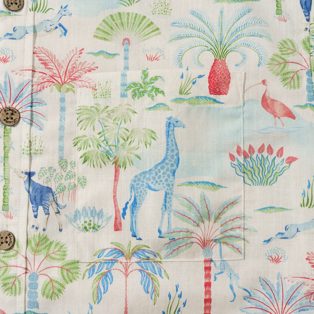 Men's Hawaiian Shirt Short Sleeve Button-down 100% Cotton Beige Aloha Talab Oasis Under The Palm Trees By House of Haricot
