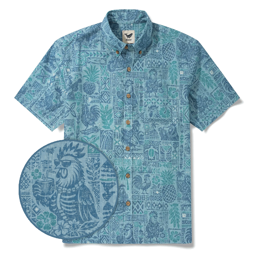 Men's Hawaiian Shirt Short Sleeve Button-down 100% Cotton Blue Rooster Aloha The Bone Voyage By Cigar