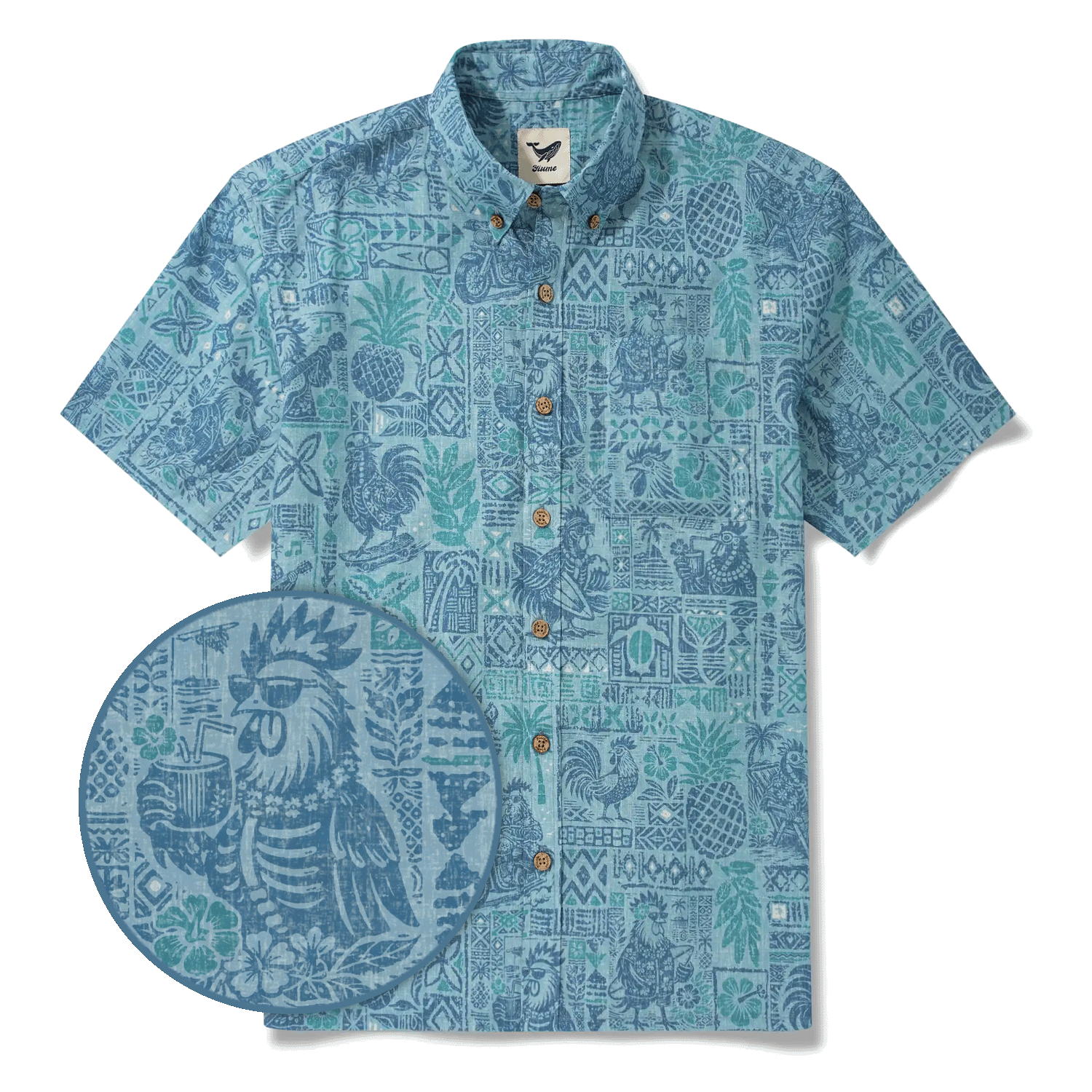 Men's Hawaiian Shirt Short Sleeve Button-down 100% Cotton Blue Rooster Aloha The Bone Voyage By Cigar
