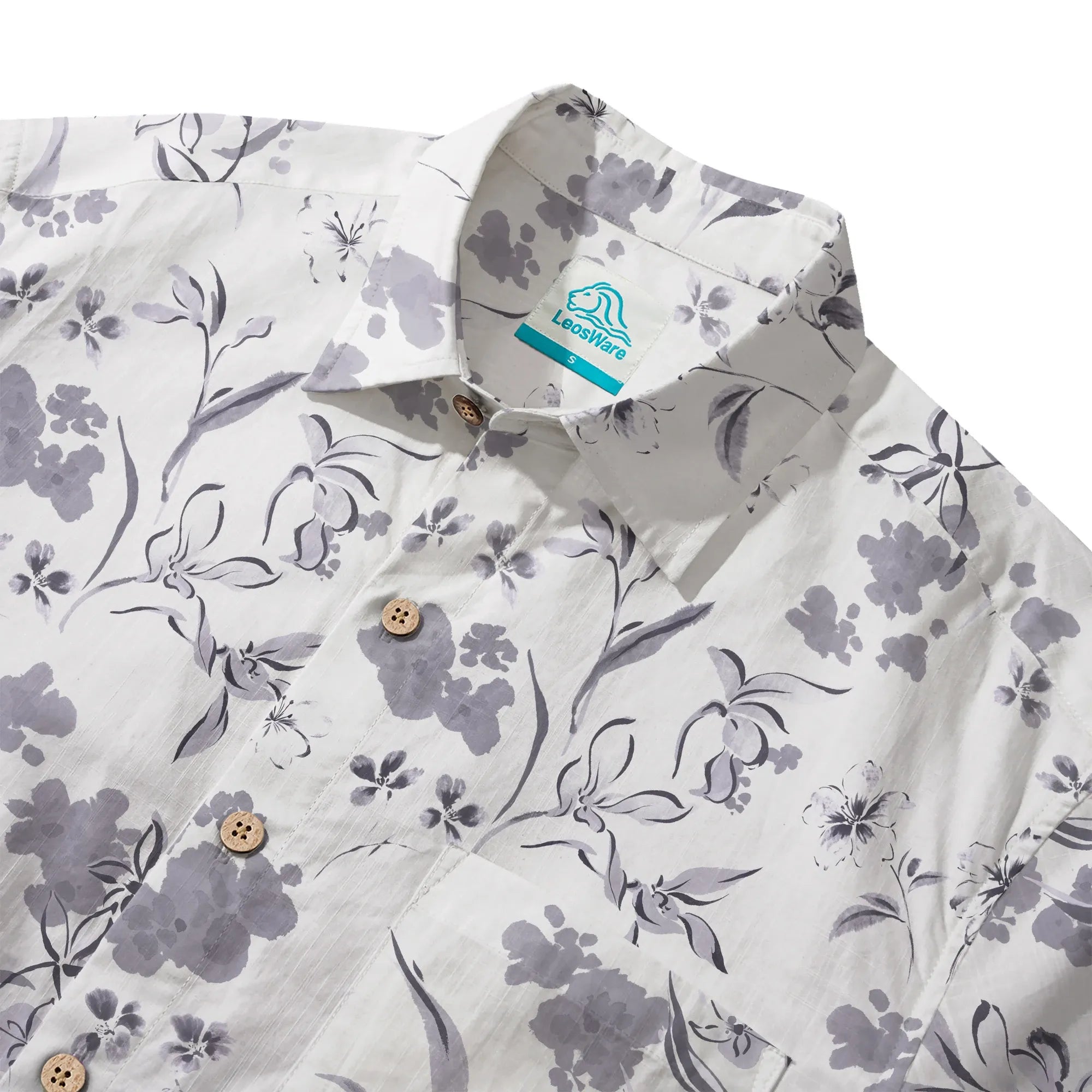 LeosWare® Men's Hawaiian Shirt Short Sleeve Button-up 100% Cotton Gray Aloha Exquisite Art Gray Floral Design By Huan huan