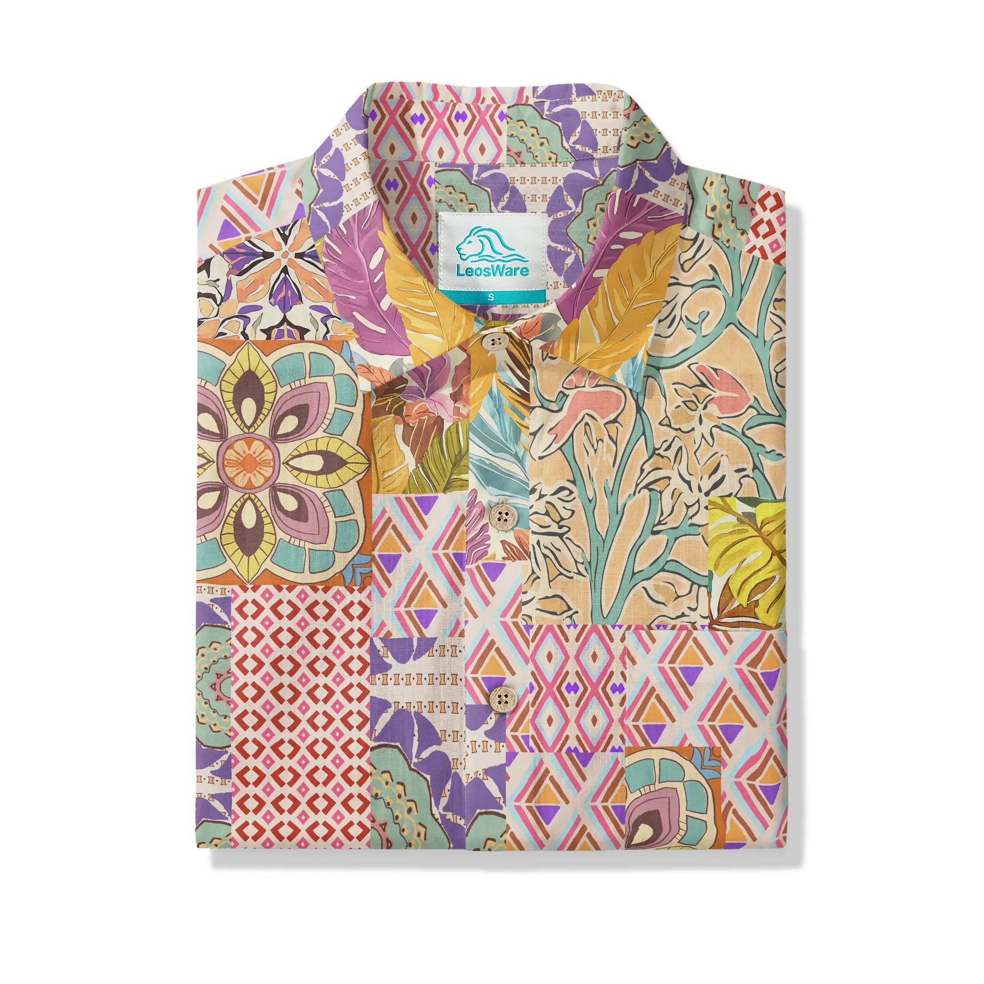 LeosWare® Men's Hawaiian Shirt Short Sleeve Button-up 100% Cotton Yellow Aloha Bohemian Patchwork Paradise By Huan huan