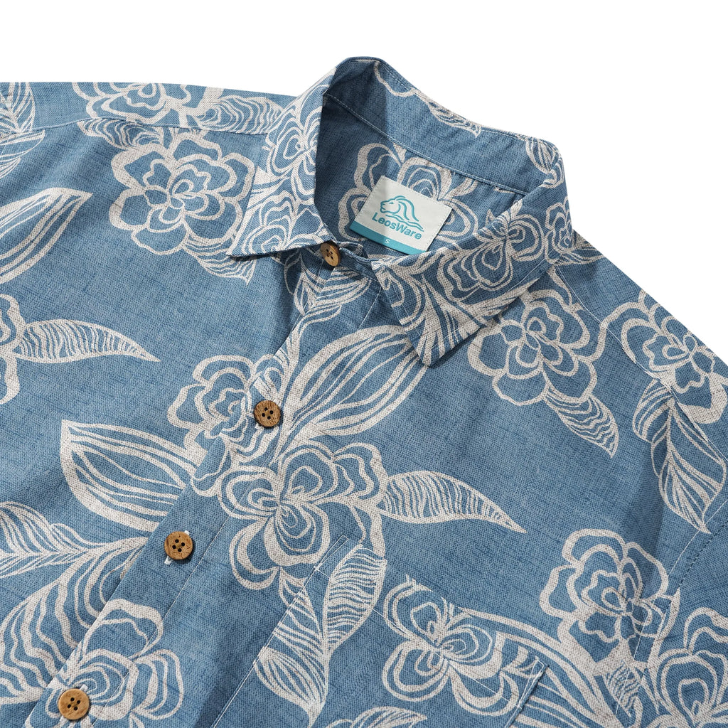 LeosWare® Men's Hawaiian Shirt Short Sleeve Button-up 100% Cotton Blue Aloha Light Blue Elegant Florals By Ethan